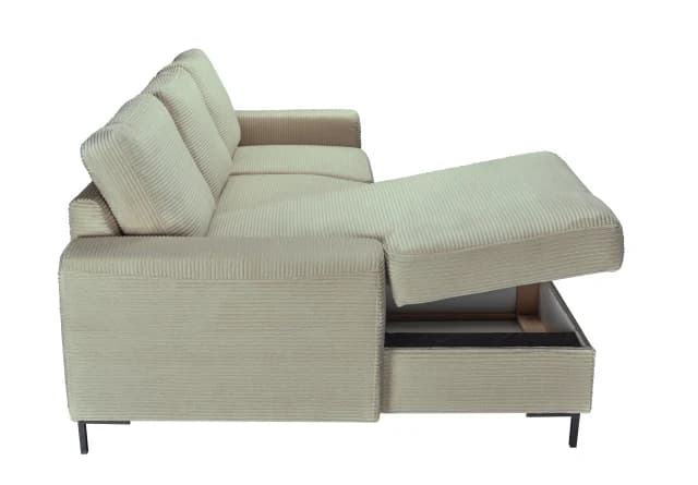 Ecksofa - Longchair links mit 2-Sitzer, Schlaffunktion mit Bettkasten, Stoff, Creme