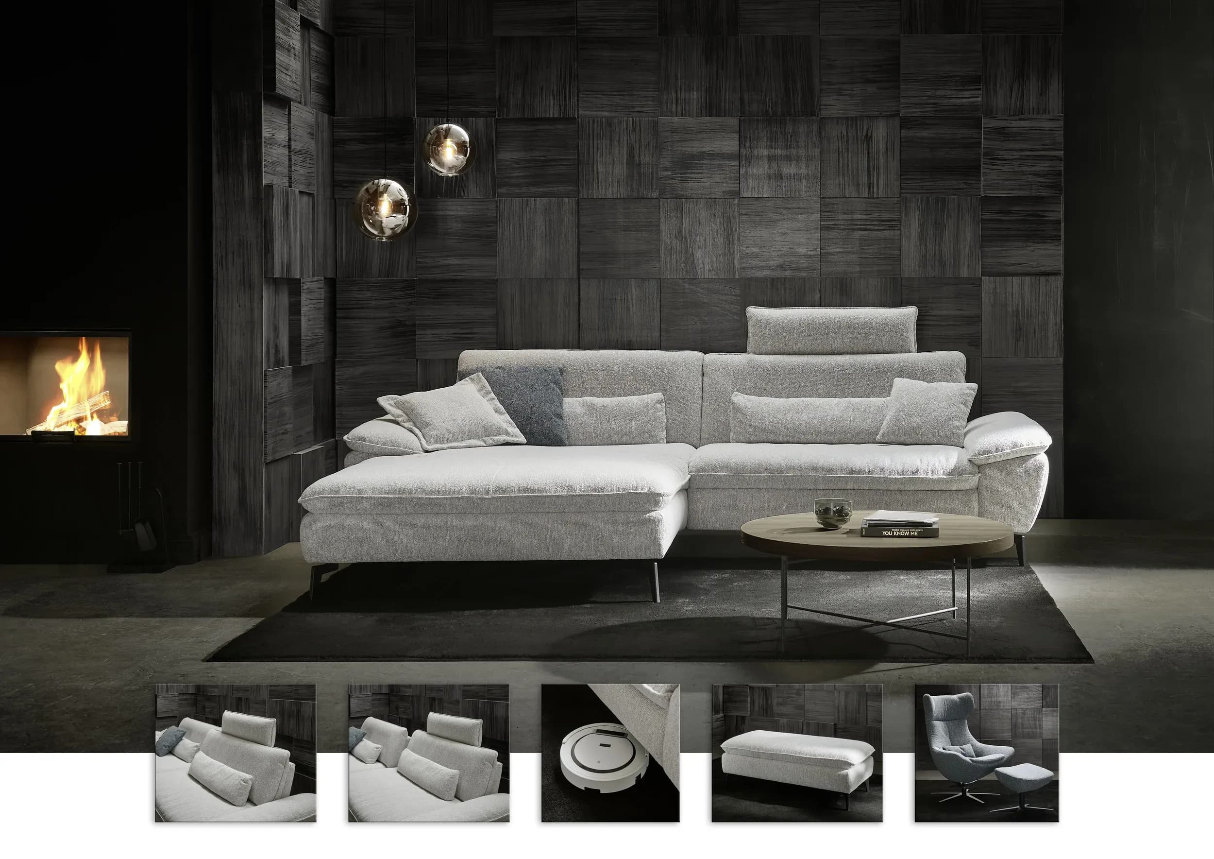 Ecksofa - Longchair links und 1,5-Sitzer, Stoff, Ecru