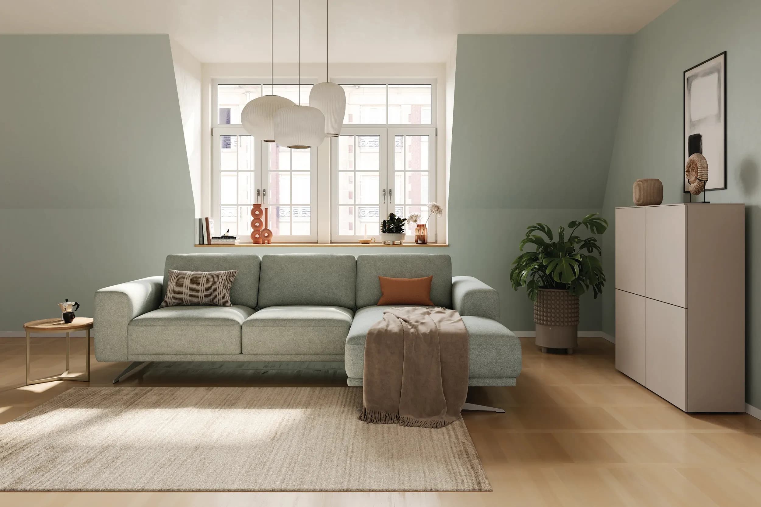Ecksofa Benissa - 2,5-Sitzer mit Longchair rechts inkl. Sitztiefe und Rückenlehne verstellbar, Stoff, Mint