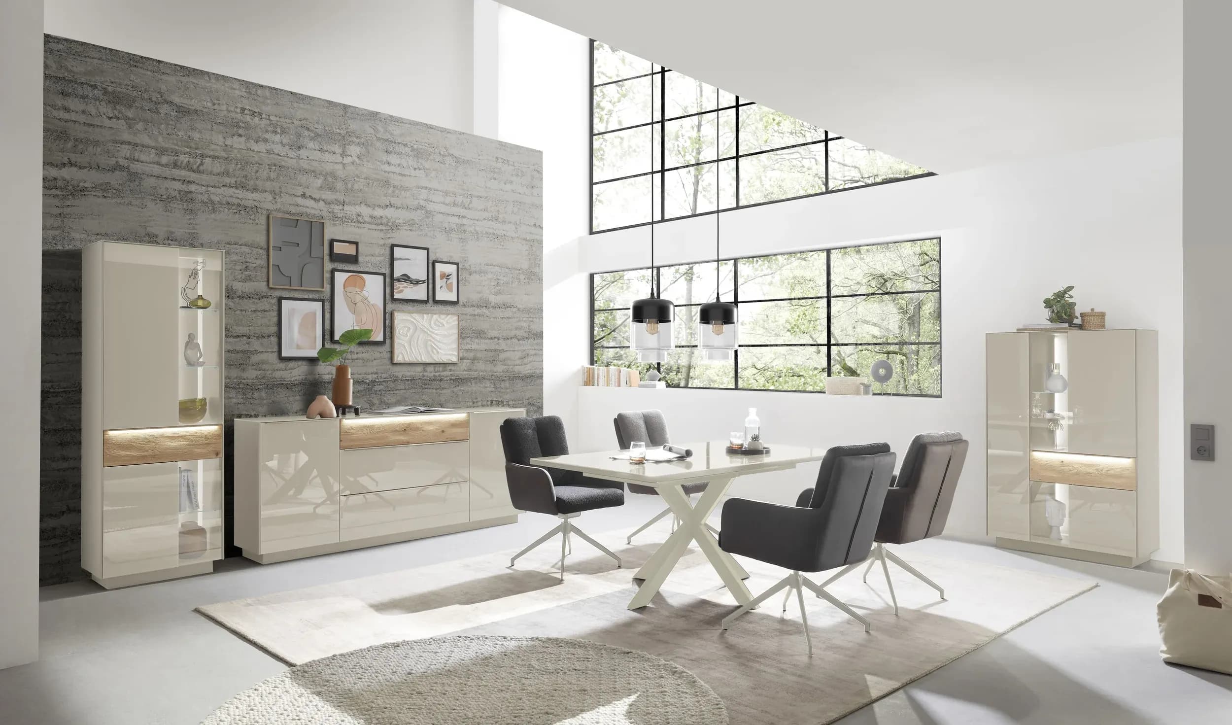 Highboard - mit Beleuchtung, B ca. 96 cm, Kaschmir, Eiche massiv