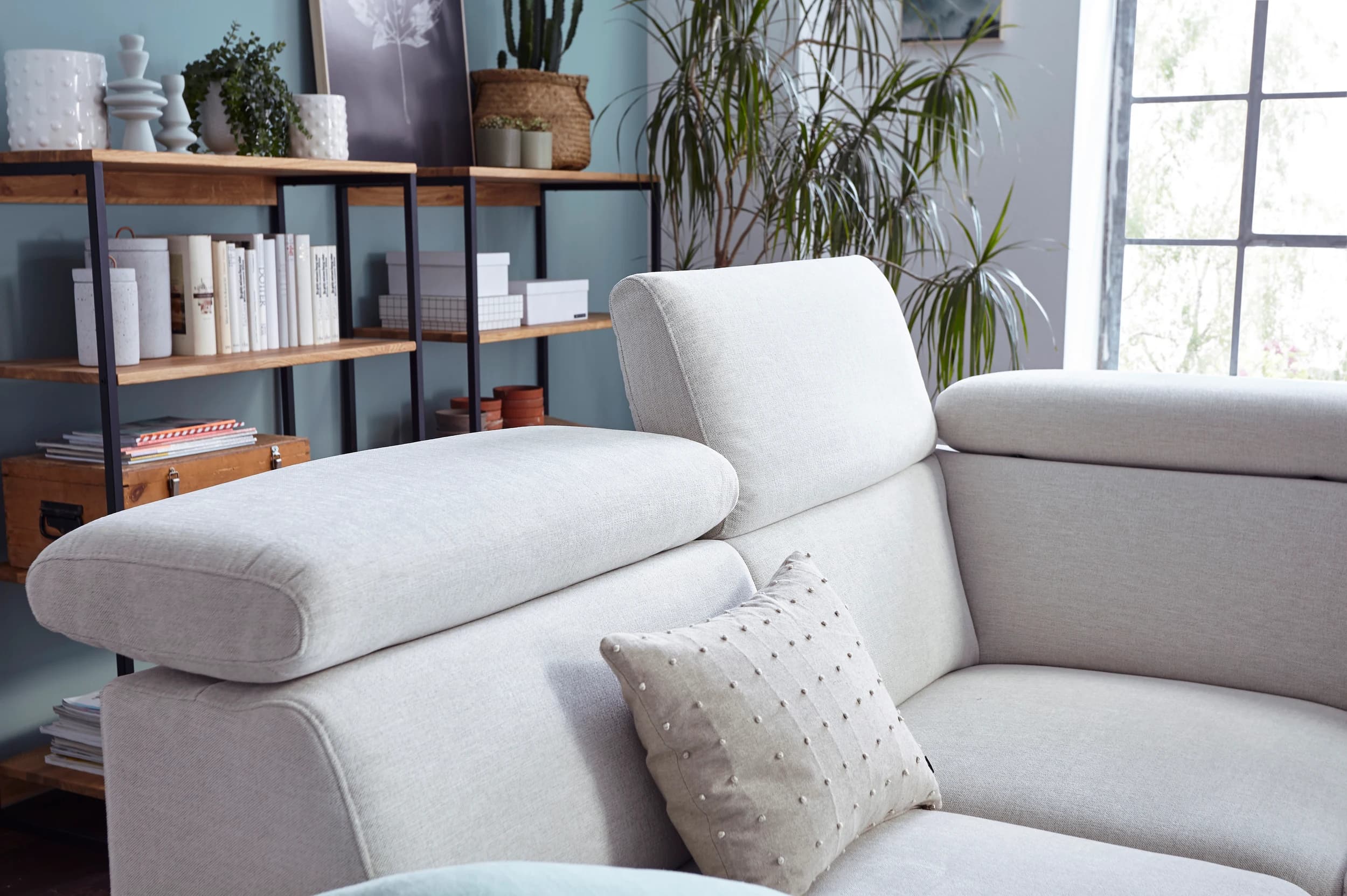 Ecksofa Felipa - Ecke links mit 2,5-Sitzer inkl. Kopfteil verstellbar, Stoff, Natur