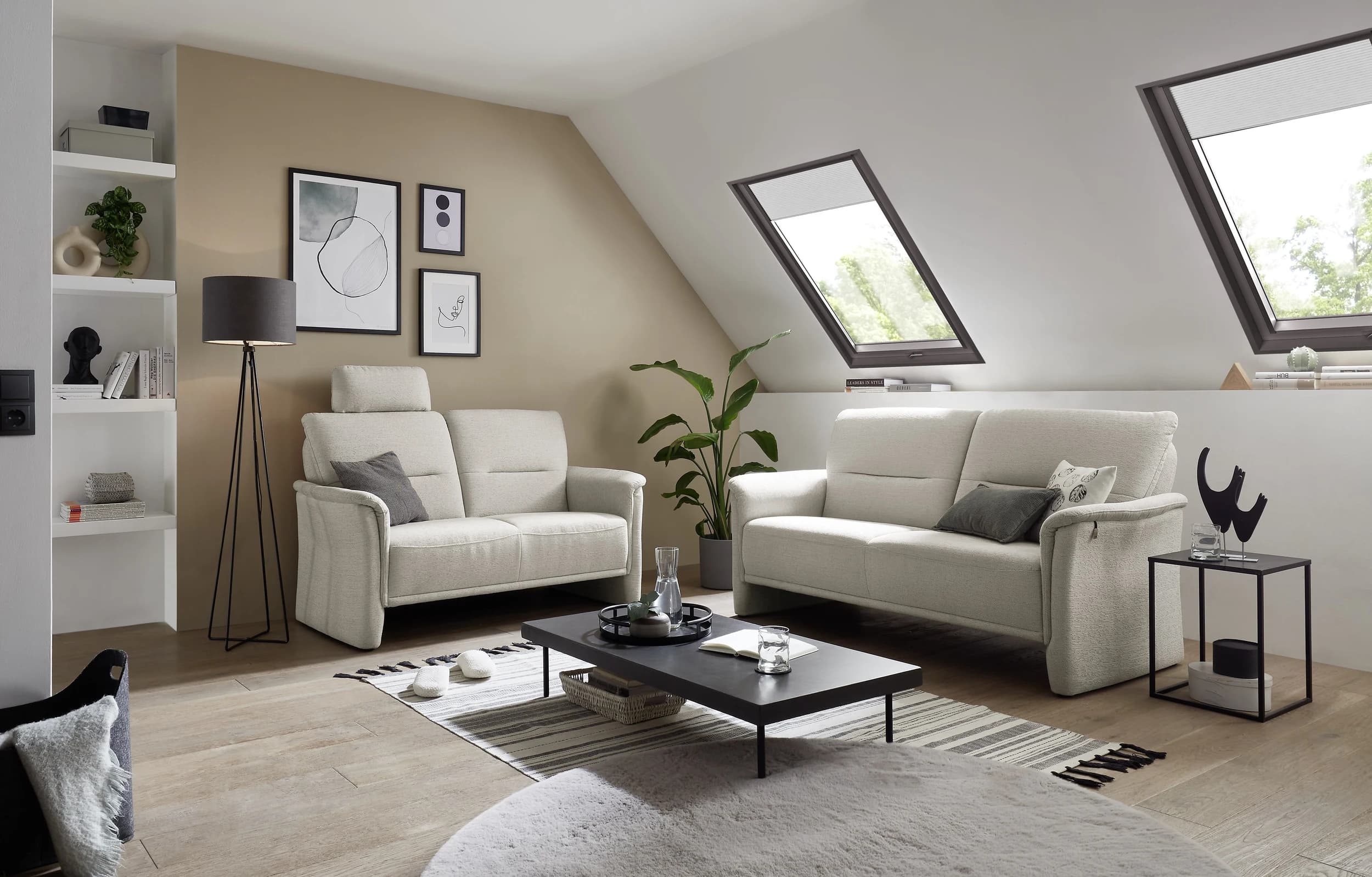 Sofa EM Melach - mit Kopfstütze, 2-Sitzer, Stoff, Natur
