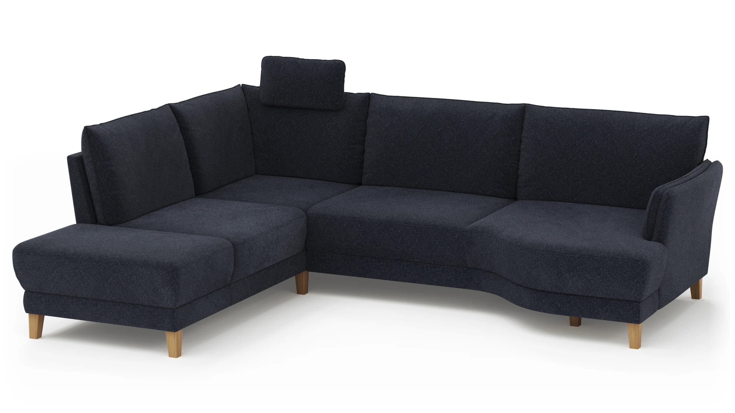 Sofa Stamford - inkl. Armlehne verstellbar und Kopfstütze, Ecksofa 2-sitzig und Abschlusshocker links mit 3,5-Sitzer, Bogen rechts, Stoff, Dunkelblau