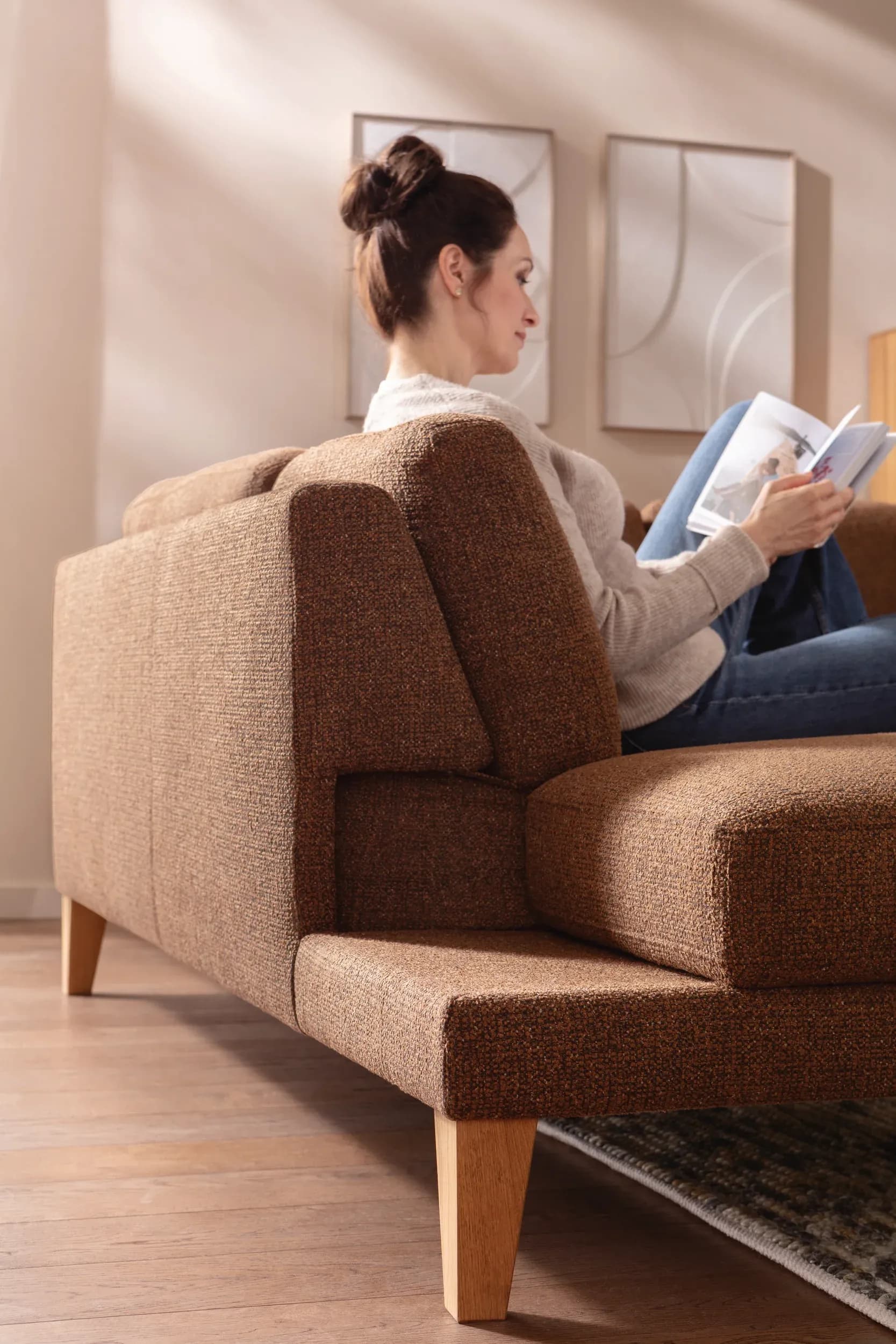 Ecksofa Rockport A - Ecke links mit 2,5-Sitzer, inkl. Relaxfunktion (motorisch), Sitzauszug (motorisch) und Armlehne klappbar, Stoff, Caramel