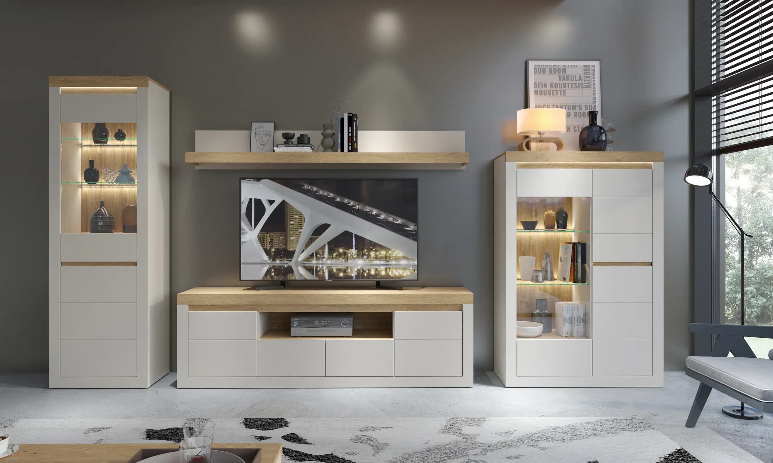 TV-Lowboard - mit Beleuchtung, B ca. 194 cm, Kaschmir, Stone Eiche Nachbildung