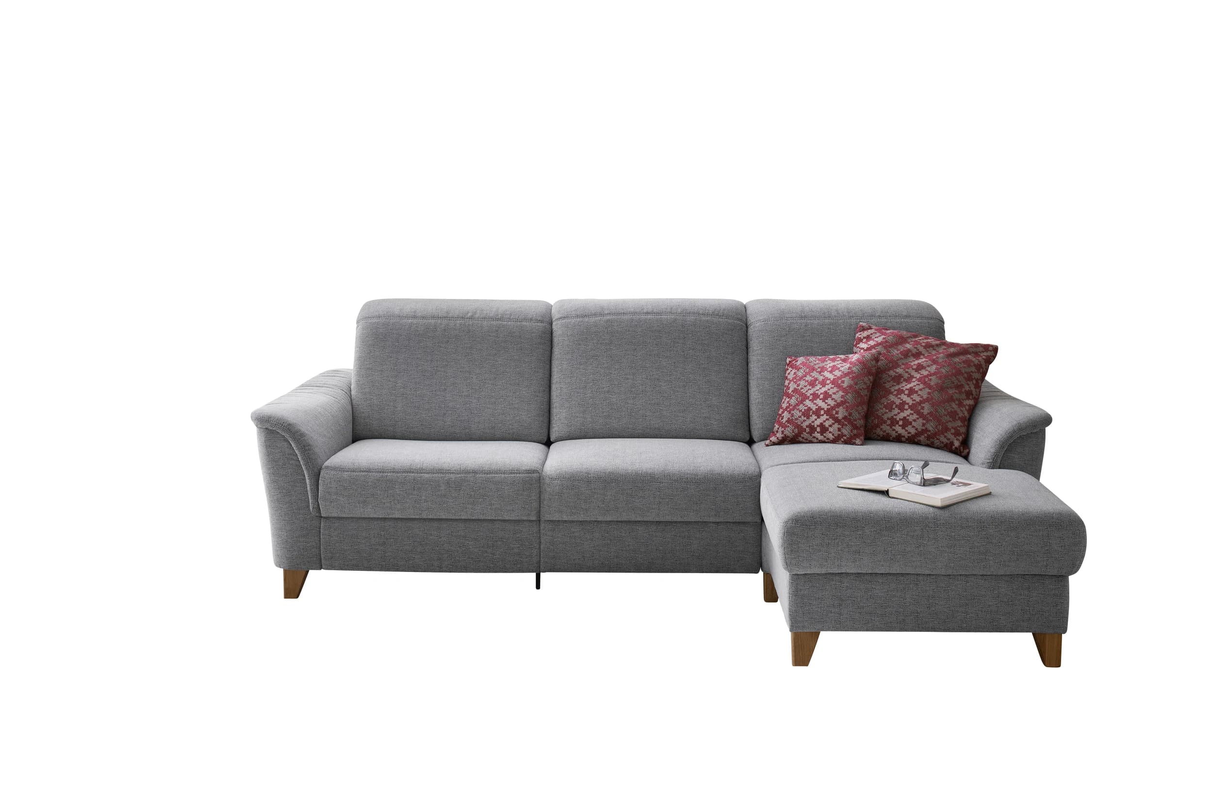 Ecksofa - 3-Sitzer mit Longchair rechts. Kopfteil verstellbar, Stoff, Grau