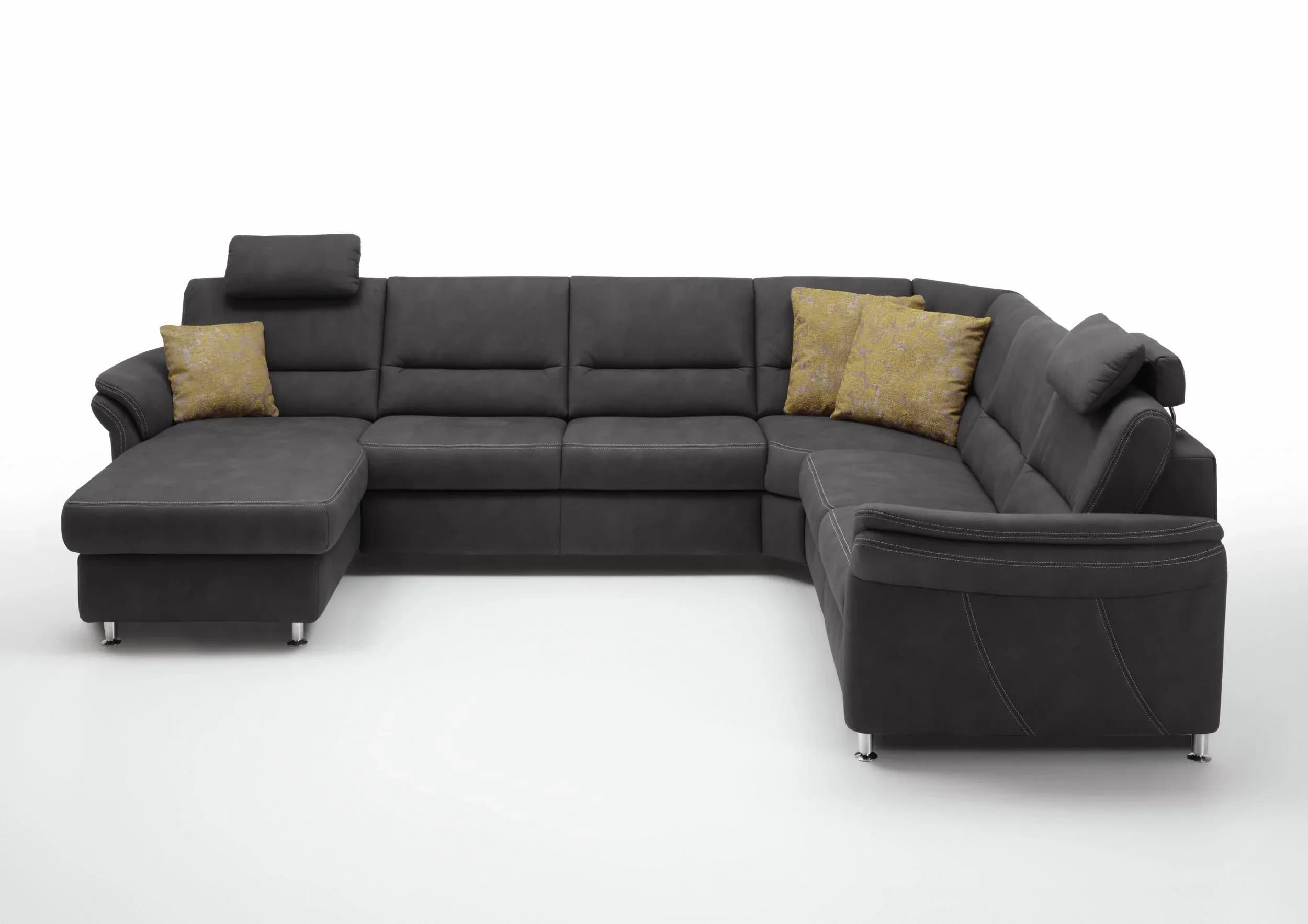 Wohnlandschaft - Longchair links mit 2,5-Sitzer und Ecke rechts inkl. 2 Premiumkopfstützen in Stoff Dunkelgrau