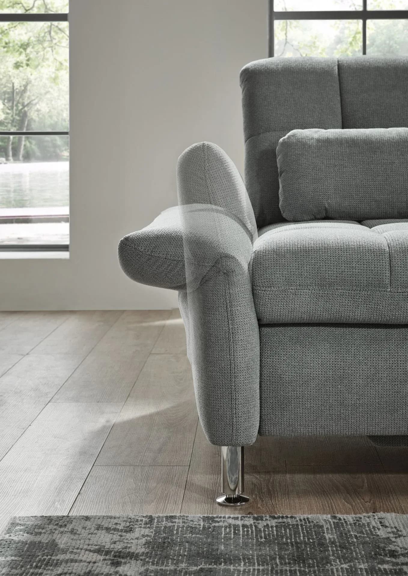 Ecksofa - 2,5-Sitzer mit Ecke rechts, Armlehne/Sitztiefe verstellbar (manuell), Chenilleflachgewebe, Eisengrau