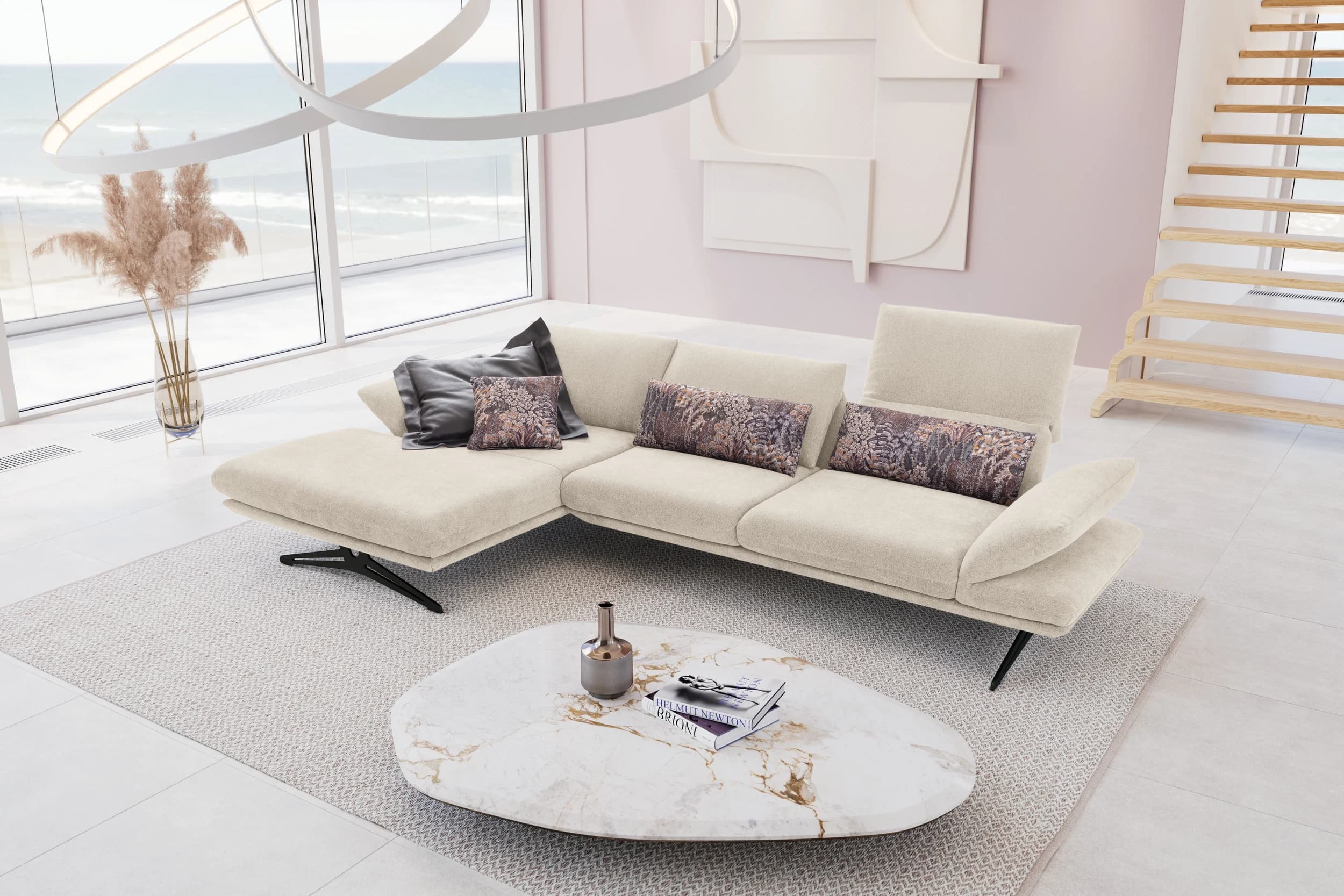 Ecksofa - Longchair links mit 2,5-Sitzer, Kopfteil/Armlehne verstellbar, Stoff,Graubeige