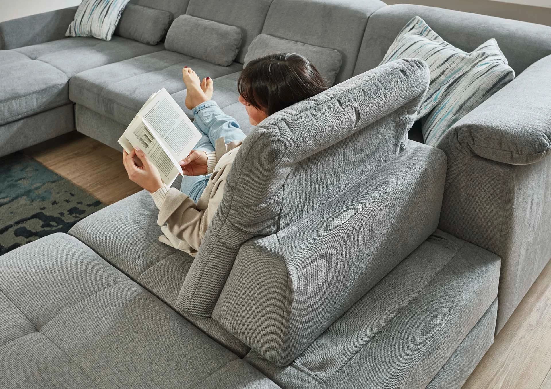 Wohnlandschaft - Longchair links mit 2,5-Sitzer und Ecke rechts, Sitztiefe verstellbar, Stoff, Grau