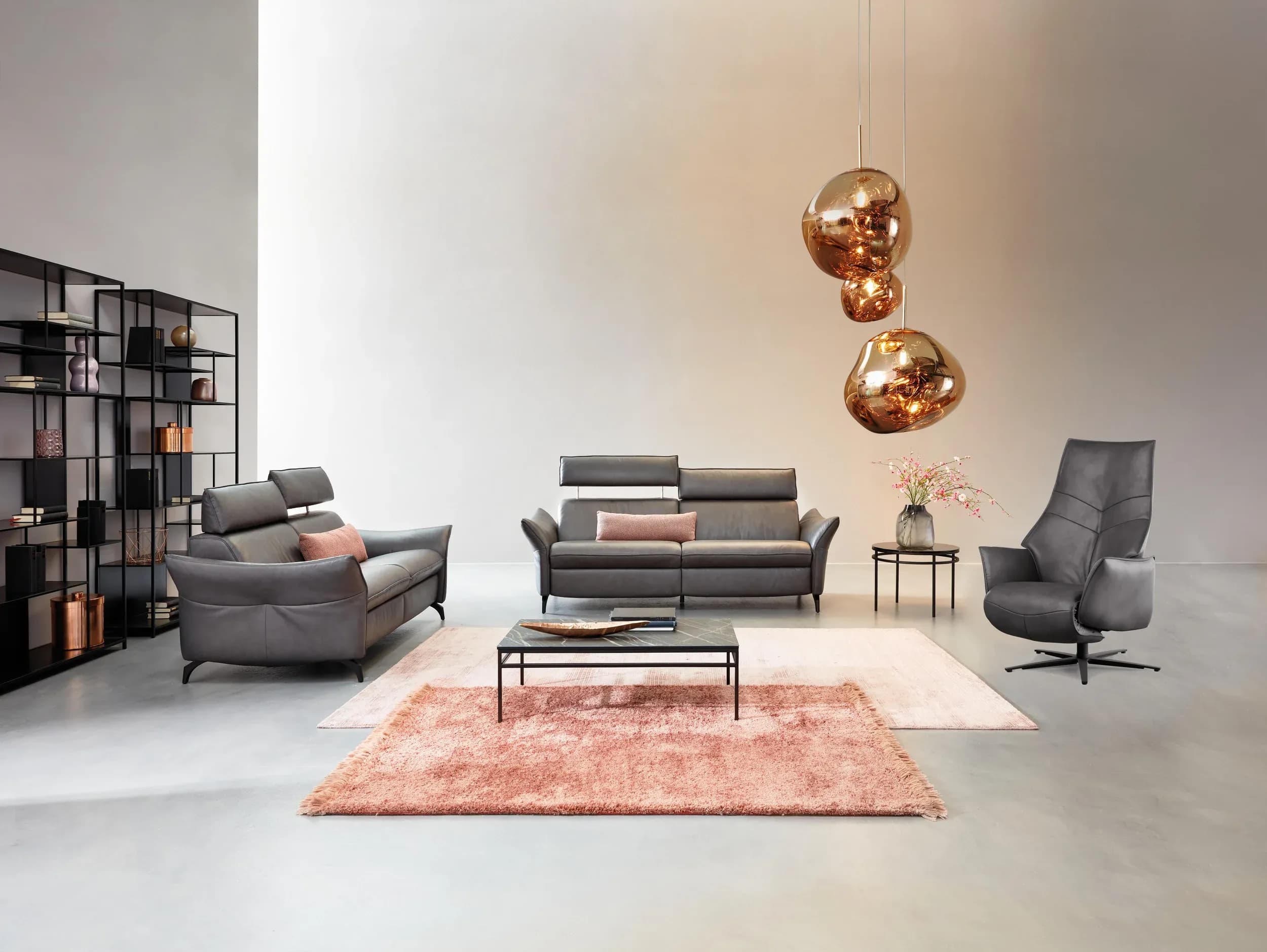 Sofa EM St. Moritz - 2,5-Sitzer, Relaxfunktion inkl. höhenverstellbare Kopfstütze, Leder, Kohle