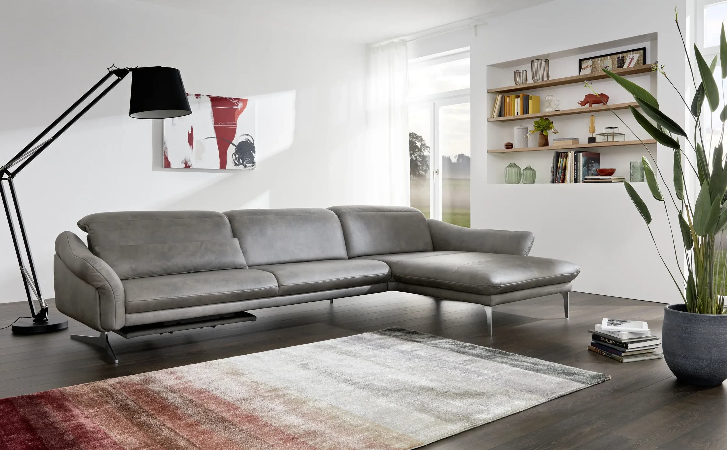 Ecksofa EM Imola - 2,5-Sitzer mit Longchair rechts inkl. Kopfteil und Sitztiefe verstellbar, Leder, Graugrün