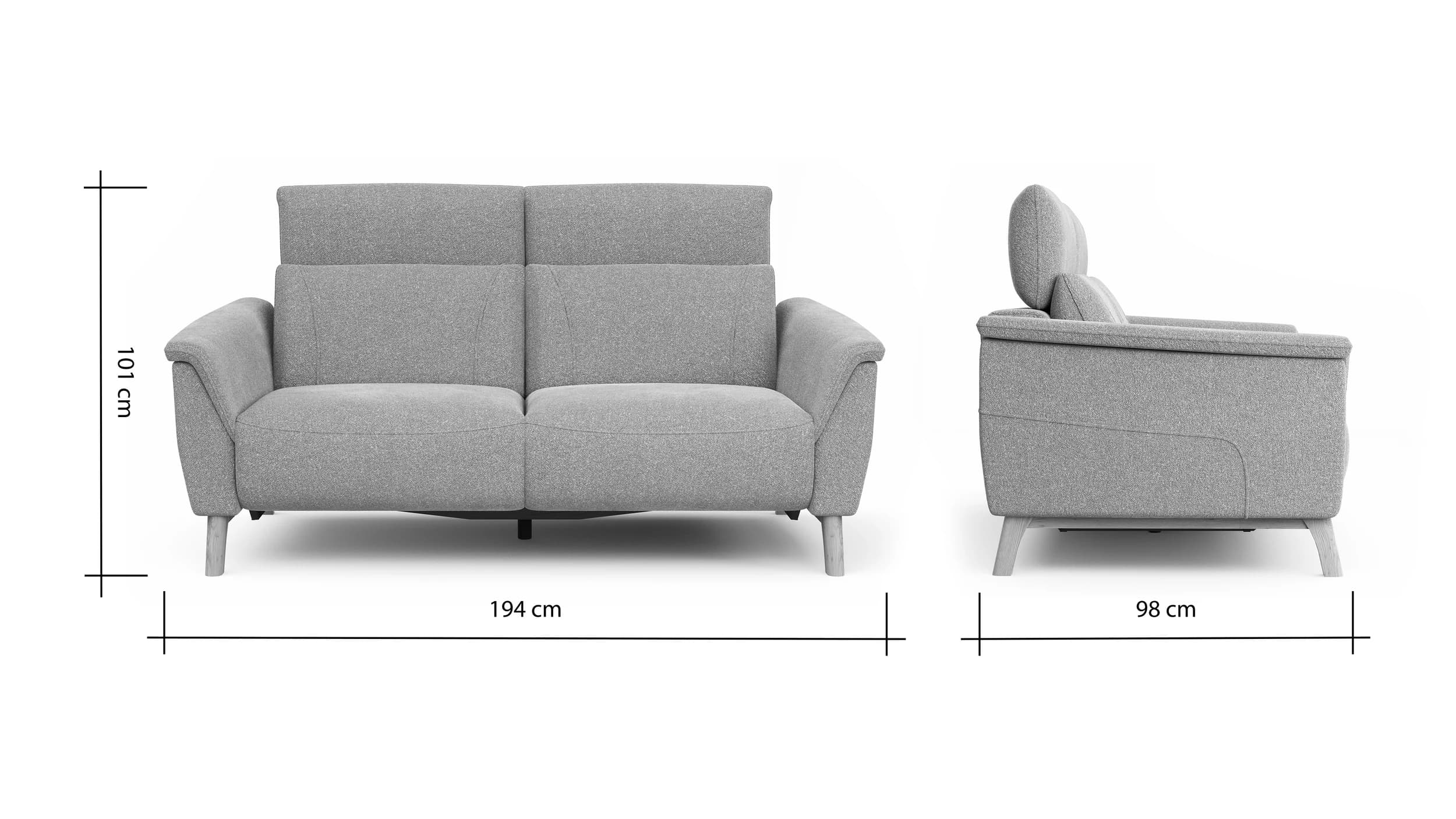 Sofa Nevin - 2,5-Sitzer inkl. Sitzvorzug (motorisch) und Kopfpolsterverstellung, Stoff, Silbergrau