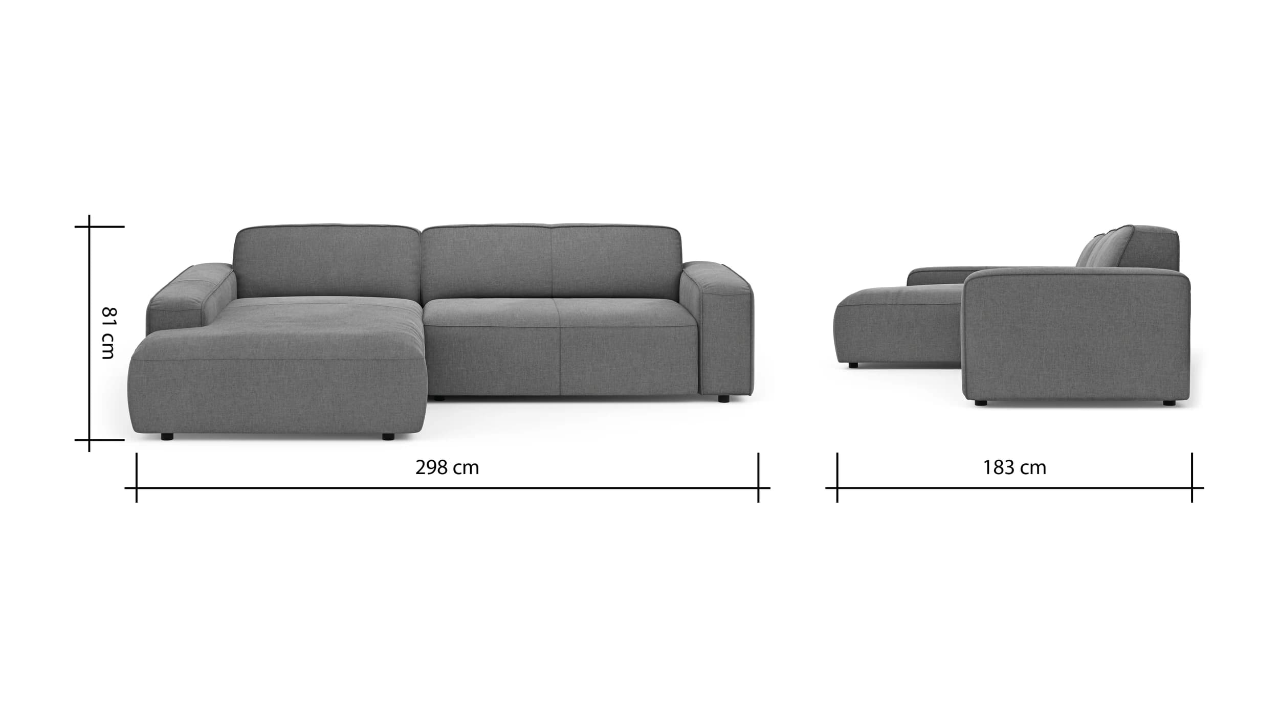 Ecksofa Denver - Longchair links mit 2-Sitzer, Stoff, Grau