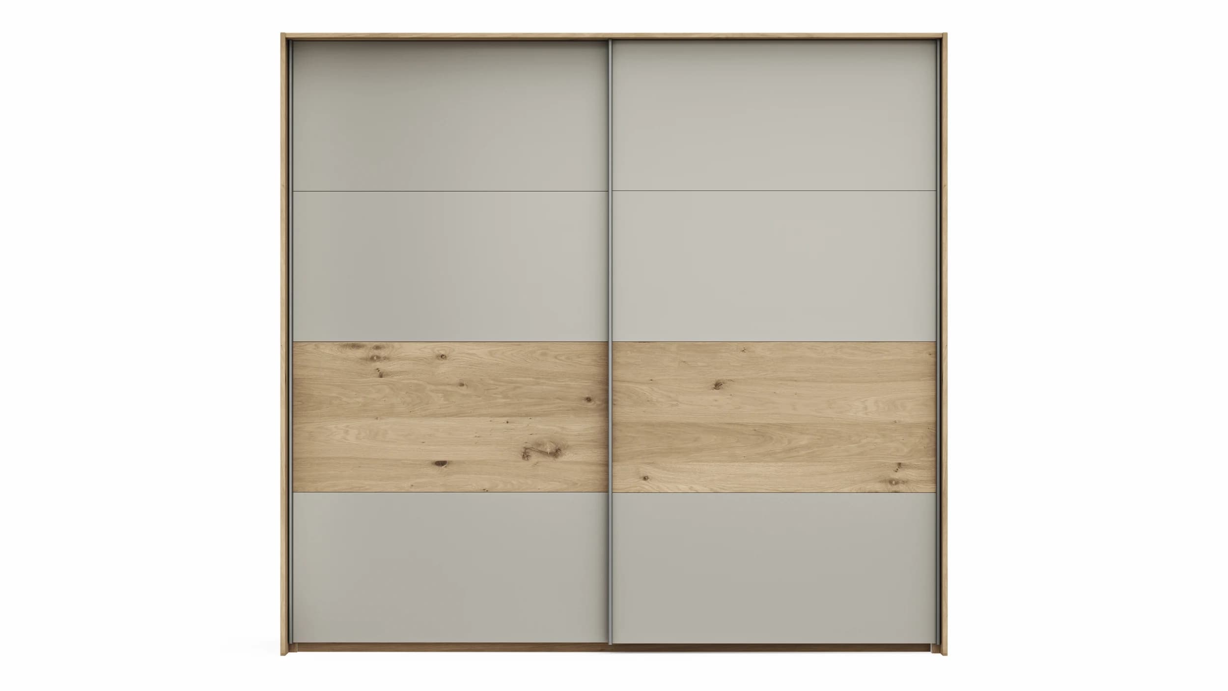 Schwebetürenschrank Viana - B ca. 218 cm, Furnier, Balkeneiche, Hellgrau