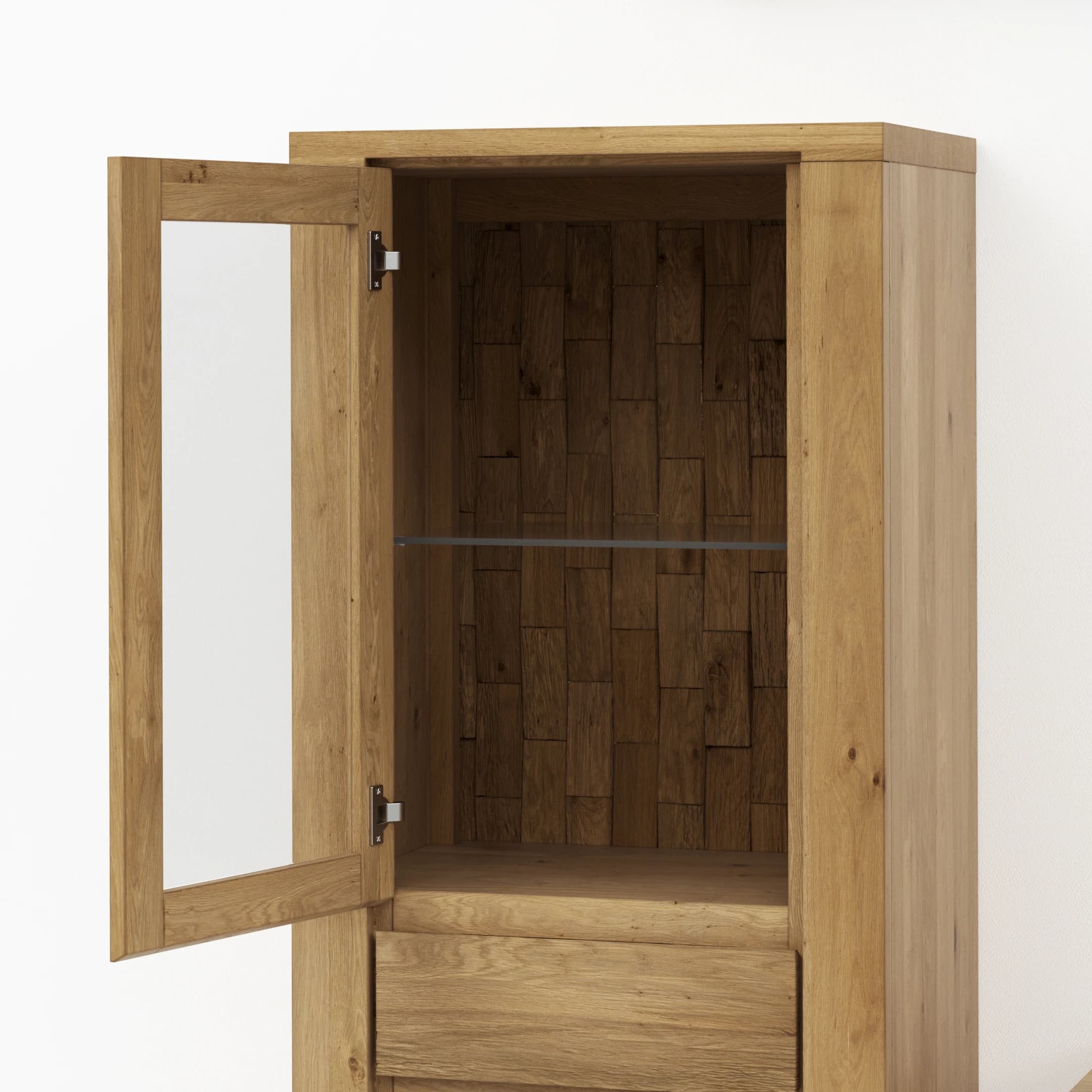 Wohnwand Bakersfield - sichtbare Rückwände mit Holzschindeln/Schubladenfront mit Schroppung, Asteiche massiv, geölt