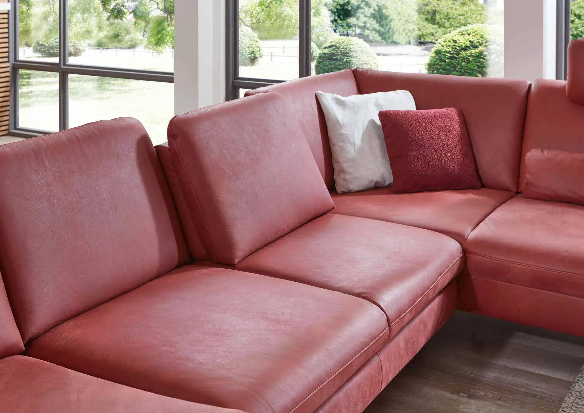 Wohnlandschaft - Longchair links mit 2,5-Sitzer und Ecke rechts, inkl. Relaxfunktion motorisch, Sitztiefe verstellbar, Leder, Rot
