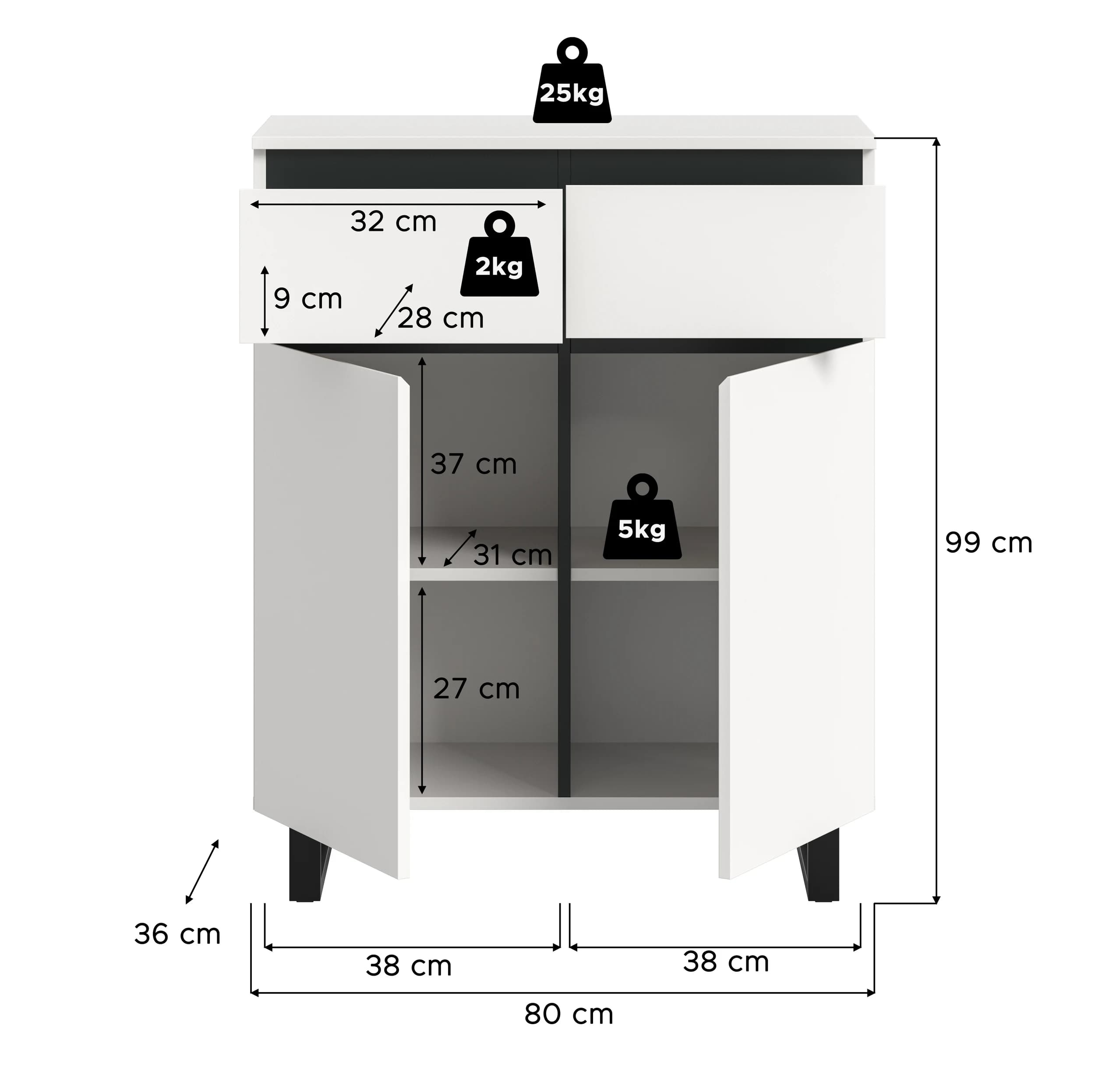 Kommode - B ca. 80 cm, Weiß, Schwarz