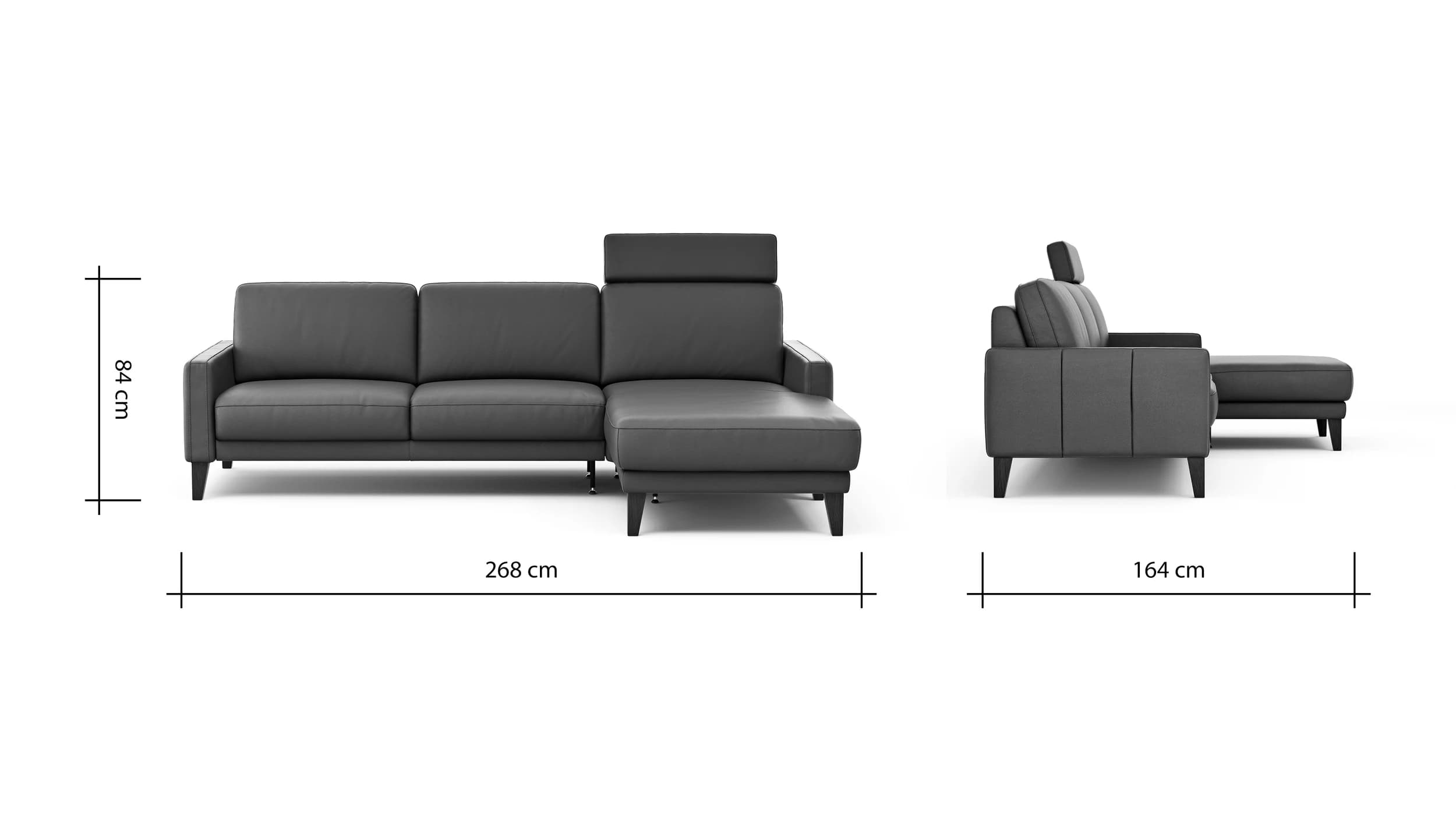 Ecksofa Matero - 2,5-Sitzer mit Longchair rechts inkl. Relaxfunktion motorisch, Leder, Anthrazit