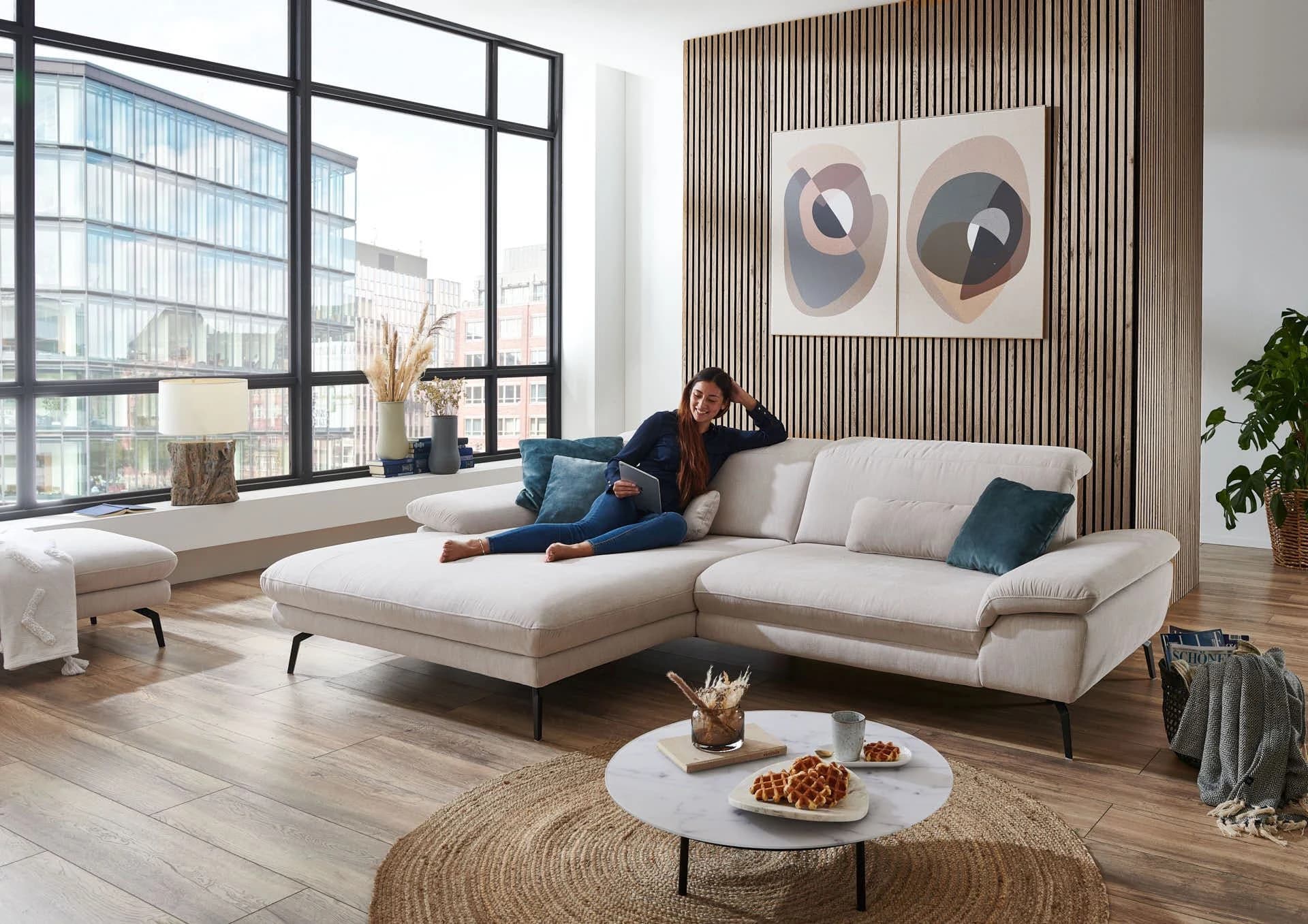  Ecksofa - Longchair links mit 1,5-Sitzer, Kopfteil verstellbar, Stoff, Ecru