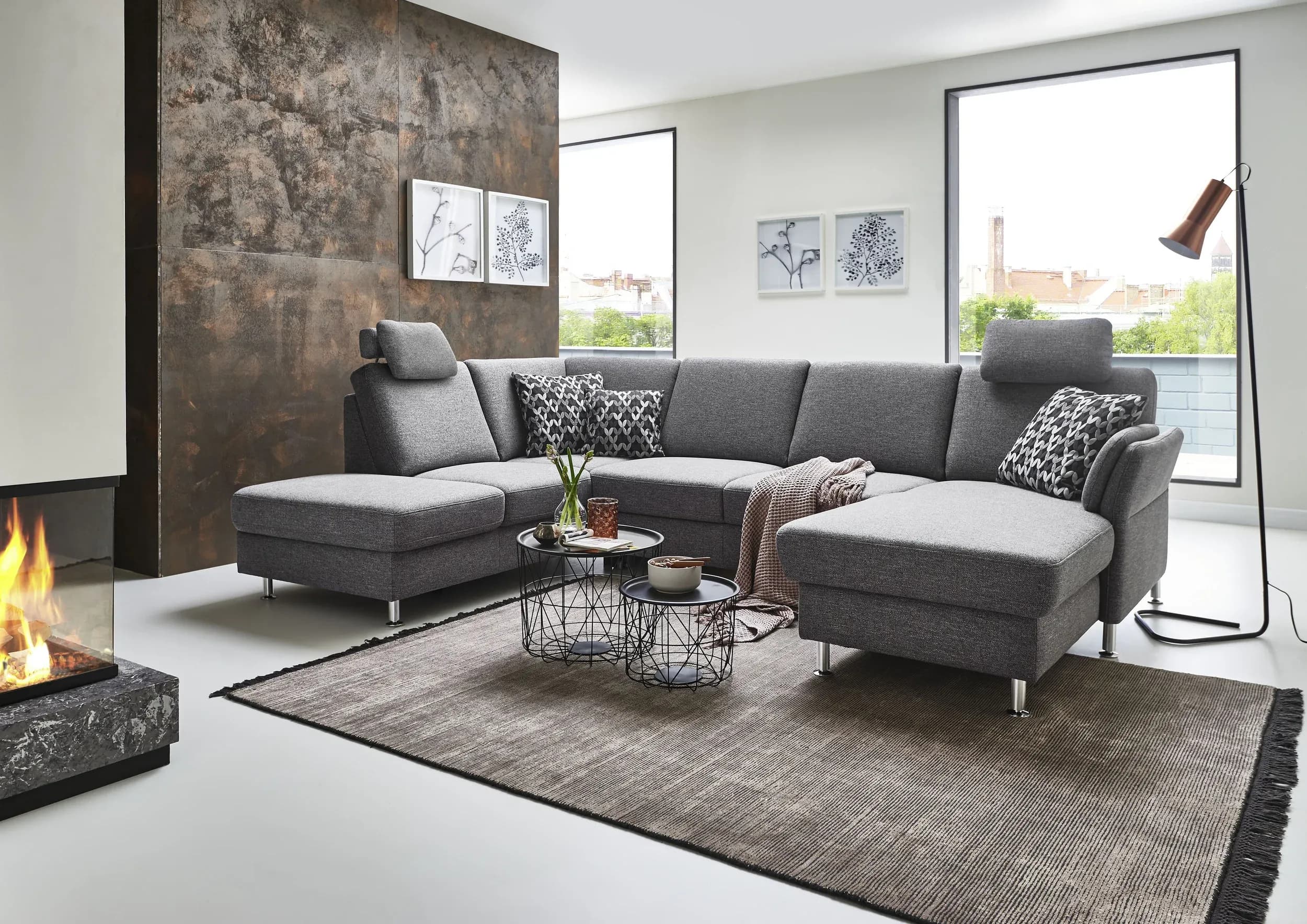 Wohnlandschaft - Ecke links mit 2,5-Sitzer und Longchair rechts, Stoff, Grau