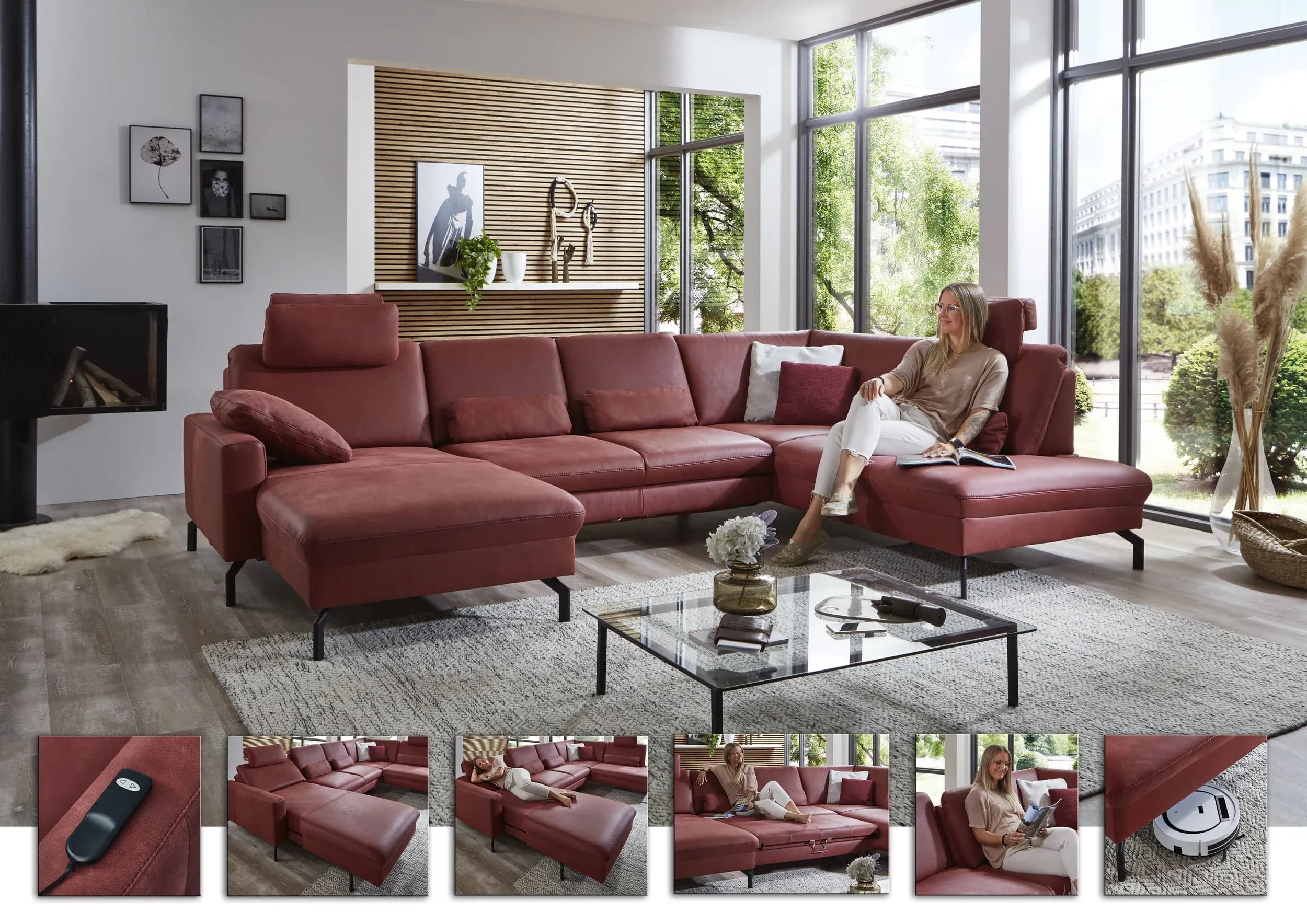 Wohnlandschaft - Longchair links mit 2,5-Sitzer und Ecke rechts, Leder, Rot