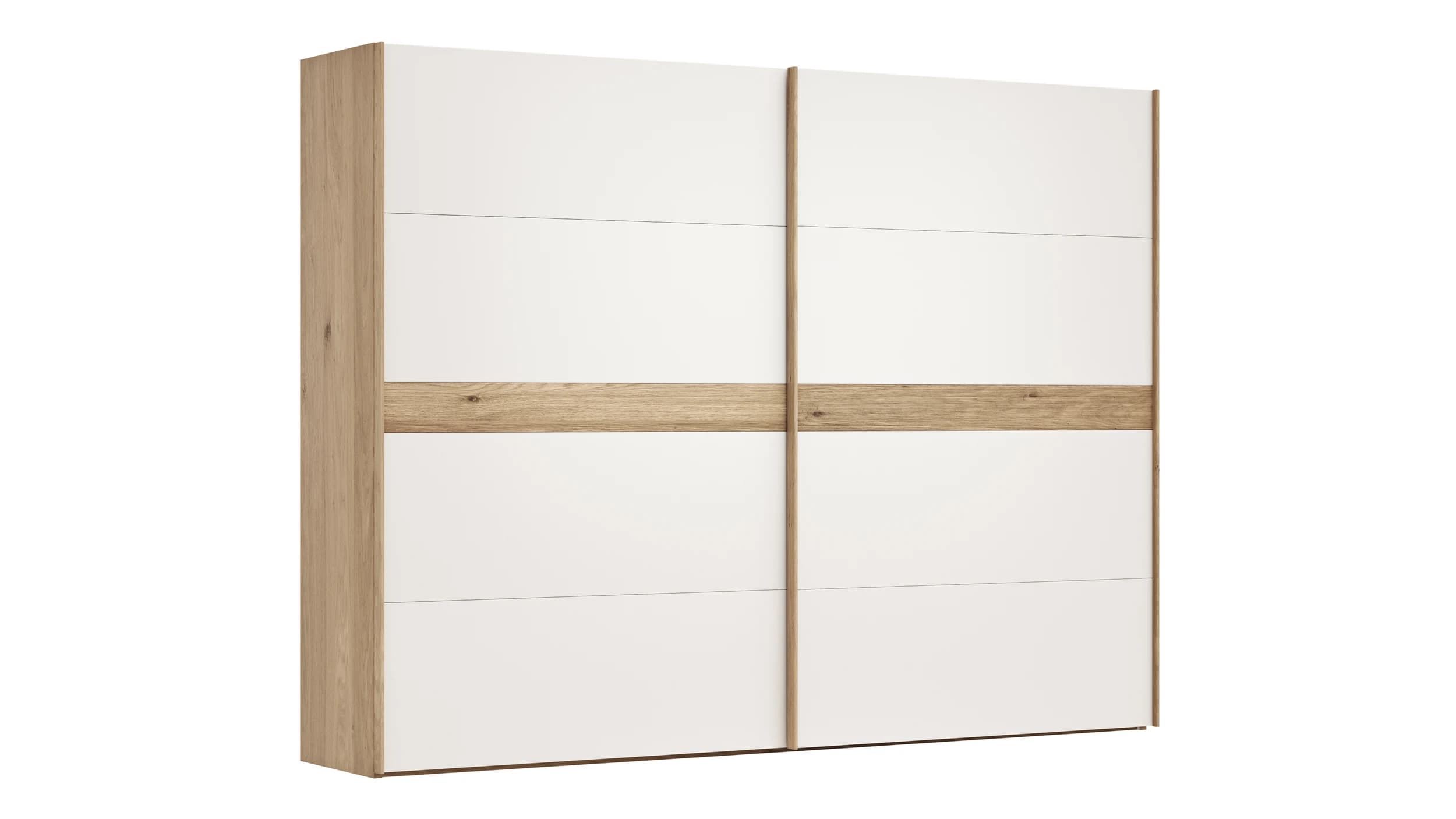 Schwebetürenschrank Viana - B ca. 301 cm, Lack, Weiß, Riffholz, Balkeneiche