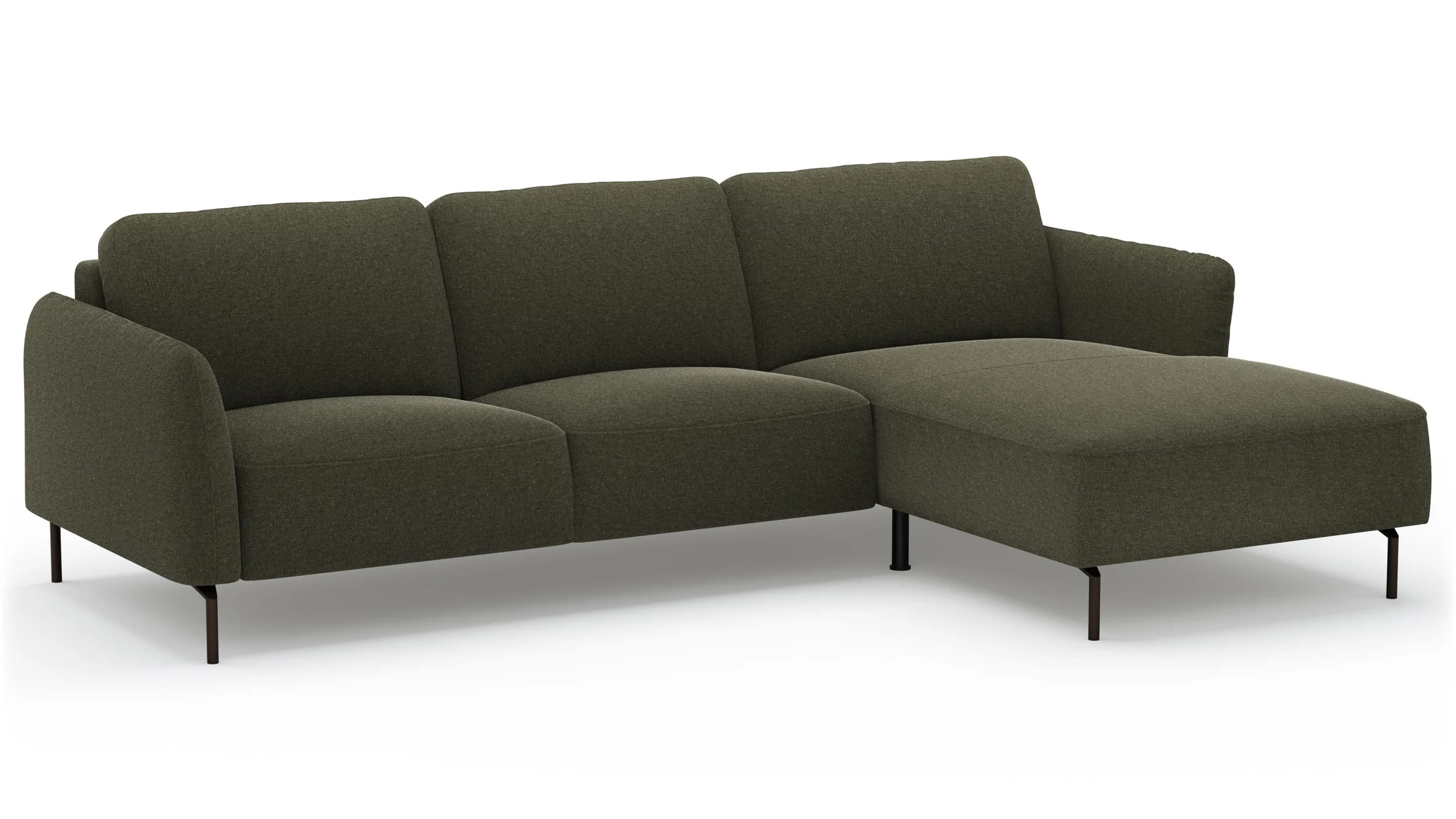 Ecksofa Leona - 3-Sitzer mit Longchair rechts inkl. Sitzvorzug motorisch, Stoff, Braungrün