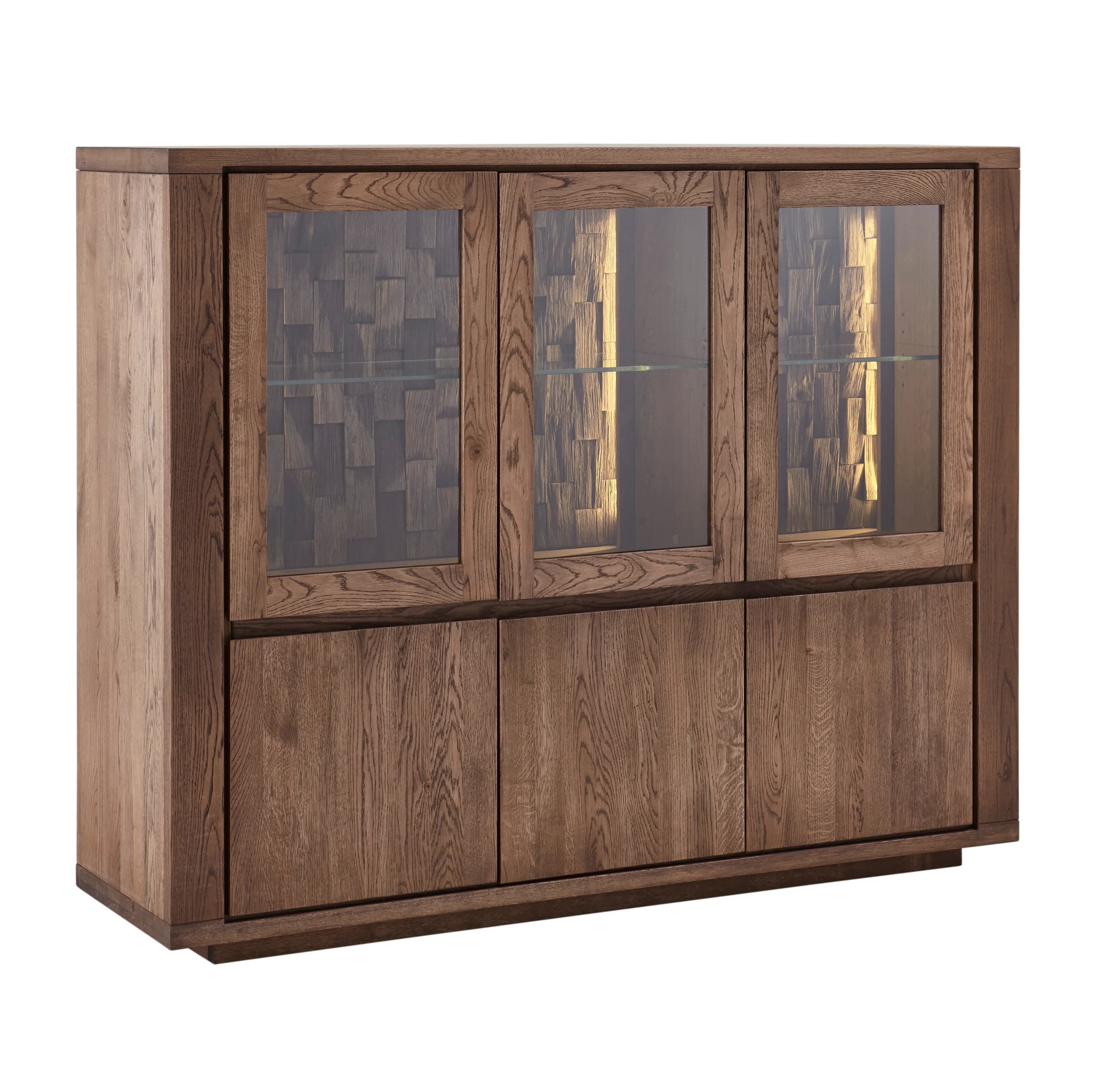 Highboard Bakersfield - inkl. Beleuchtung, Rückwand mit Holzschindeln, Asteiche, Barrrique