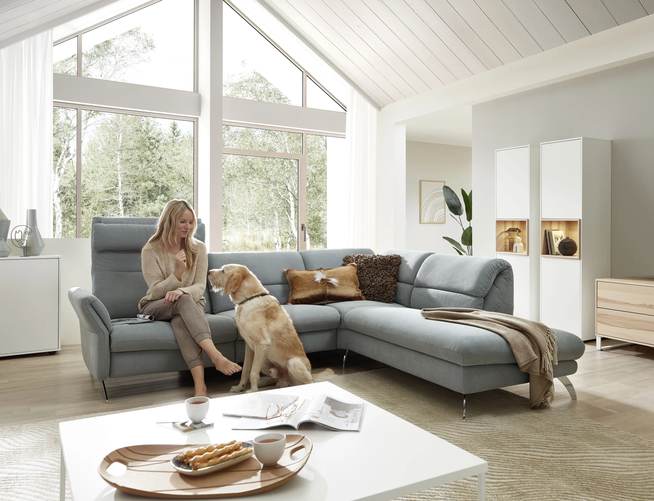 Ecksofa EM Koper -  3-Sitzer mit Ecke rechts, Rückenlehne verstellbar, Stoff, grün