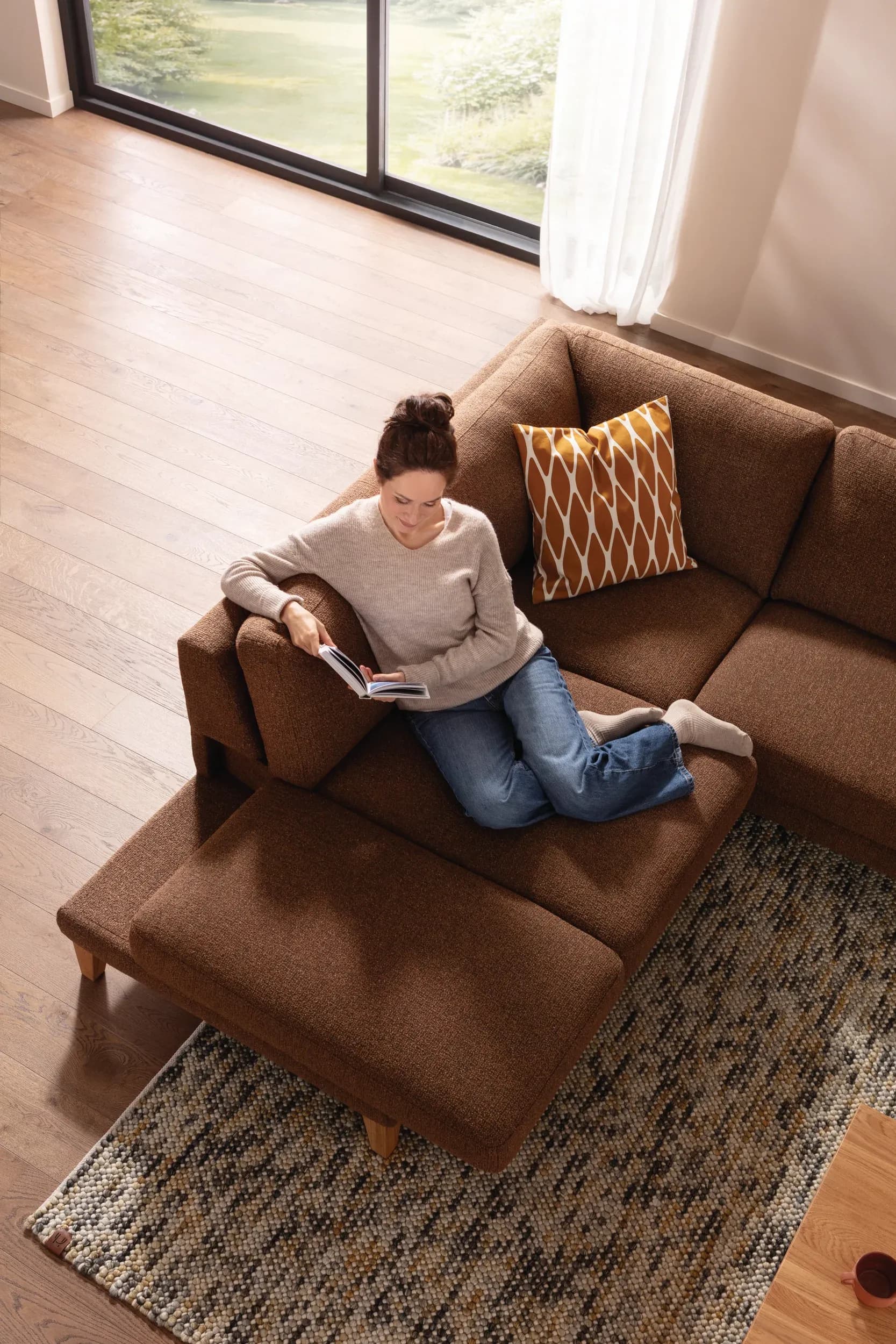 Ecksofa Rockport A - Ecke links mit 2,5-Sitzer, inkl. Relaxfunktion (motorisch), Sitzauszug (motorisch) und Armlehne klappbar, Stoff, Caramel
