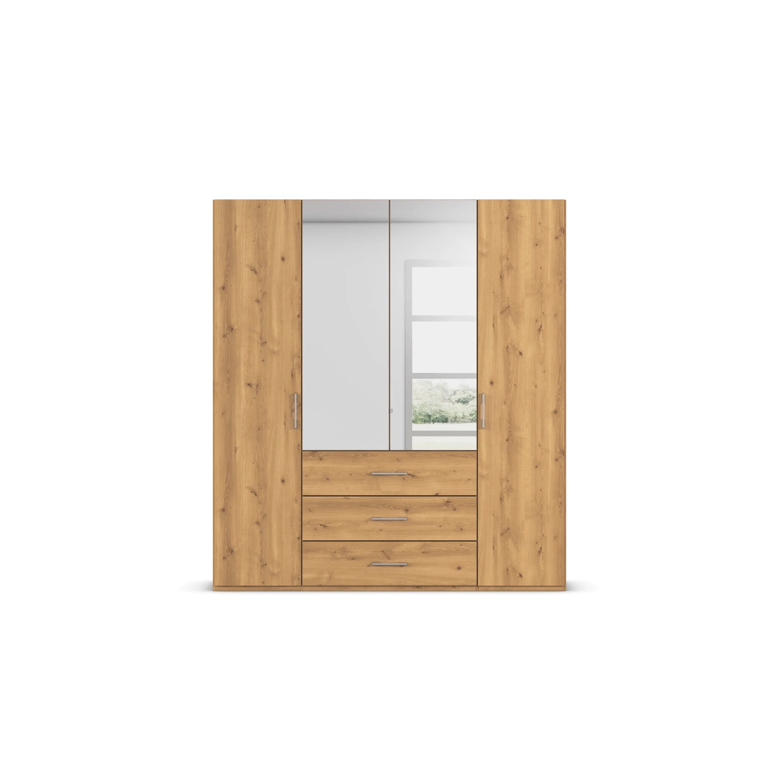 Drehtürenschrank - B. ca. 201 cm, mit Spiegeltüren und 3 Schubkästen, Fronten Asteiche Massiv