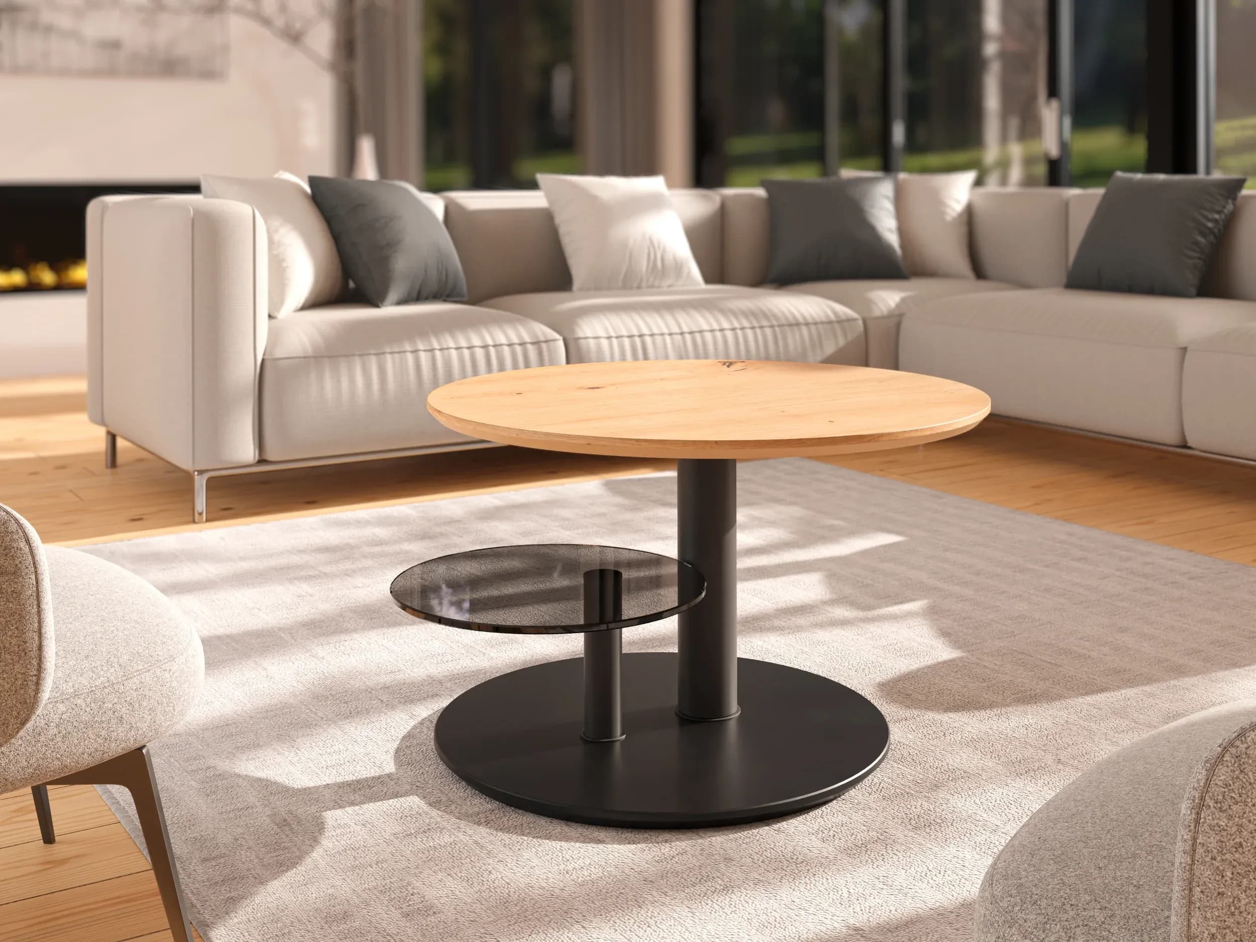 Couchtisch - höhenverstellbar, Durchmesser ca. 75 cm, Wildeiche furniert