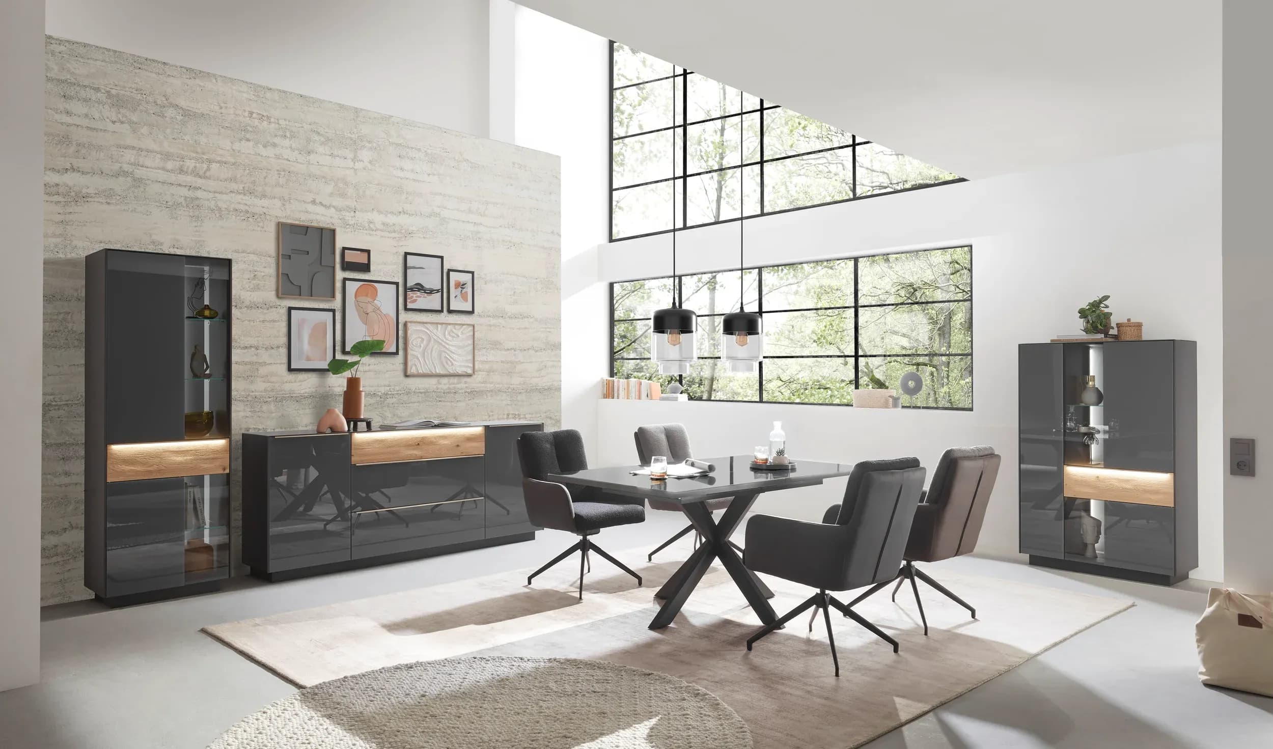 Highboard - mit Beleuchtung, B ca. 96 cm, Anthrazit, Eiche massiv