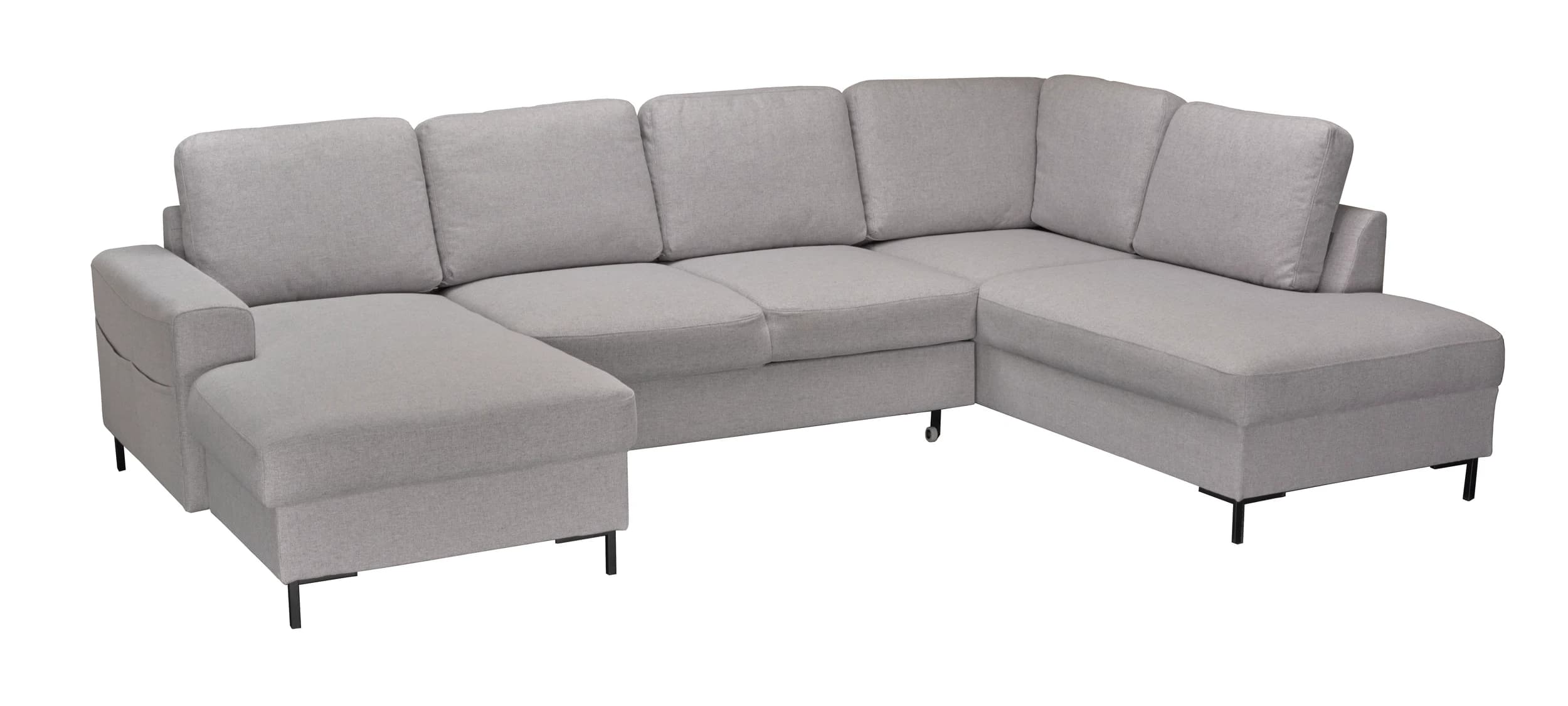 Wohnlandschaft - Longchair links mit 2-Sitzer und Ecke rechts, Schlaffunktion mit Bettkasten, Stoff, Hellgrau