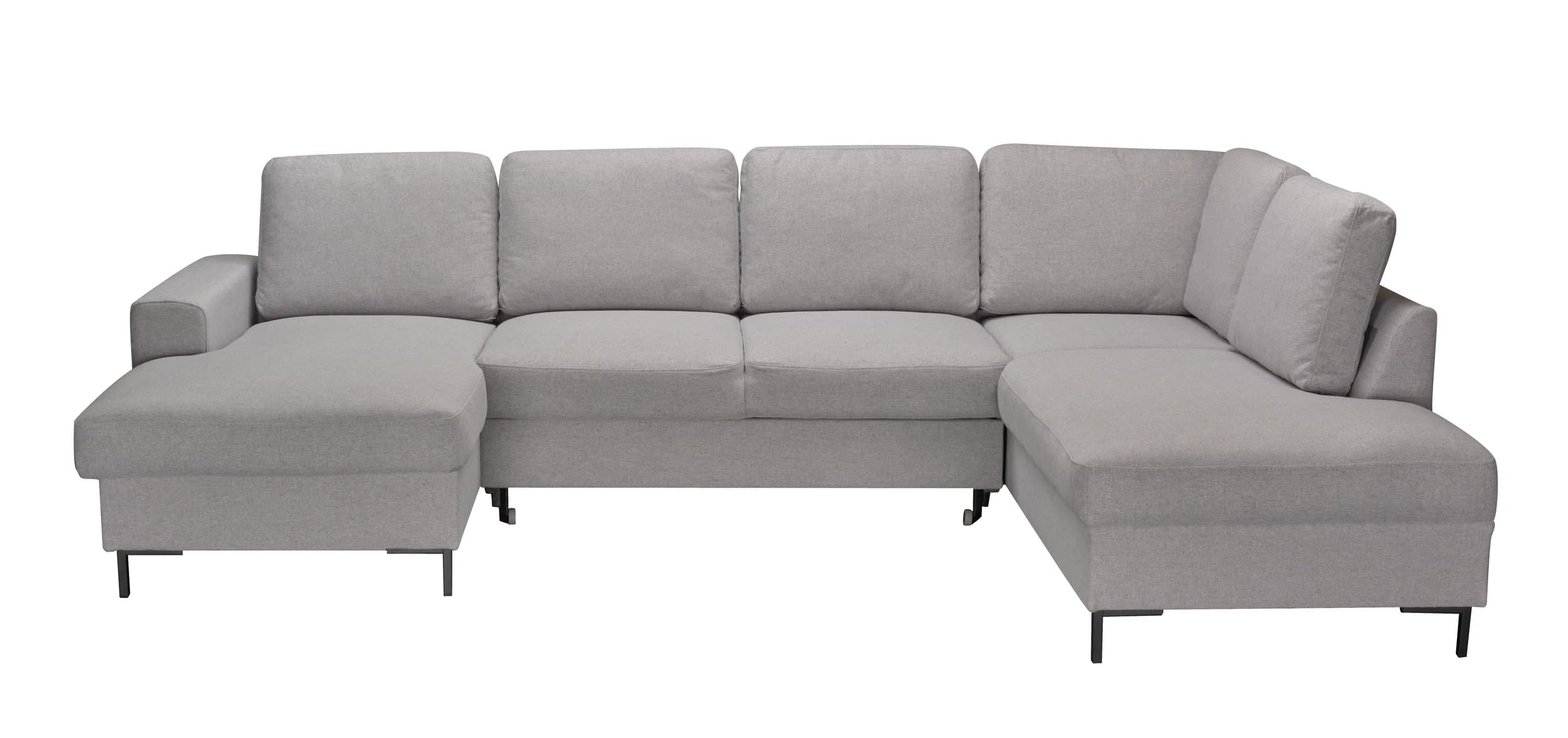 Wohnlandschaft - Longchair links mit 2-Sitzer und Ecke rechts, Schlaffunktion mit Bettkasten, Stoff, Hellgrau