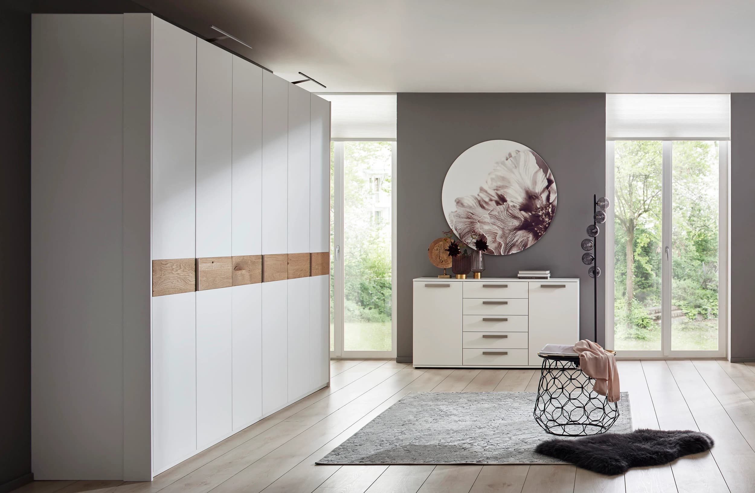 Drehtürenschrank Viana - B ca. 303 cm, Lack, Weiß, Riffholz, Wildeiche