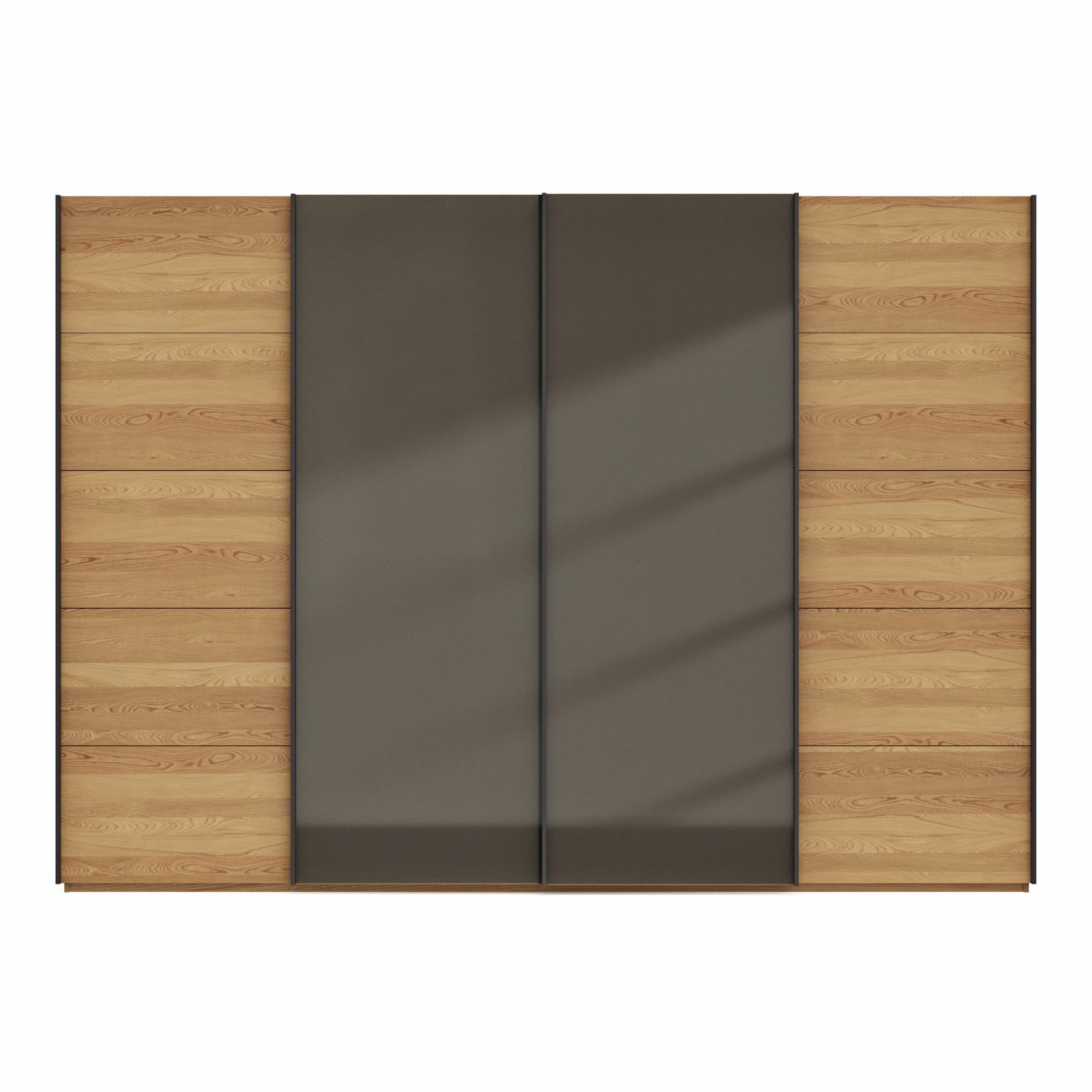 Schwebetürenschrank Lenoso - B. ca. 330 cm, Eiche massiv, Glas, Graubraun