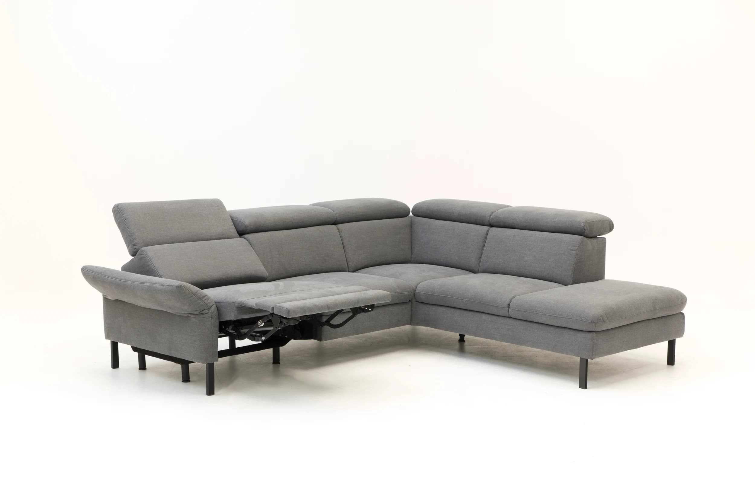 Ecksofa - 2,5-Sitzer mit Ecke rechts, Relaxfunktion (motorisch), Kopfstütze verstellbar (manuell), Armlehne verstellbar (manuell), Webstoff, Dunkelgrau