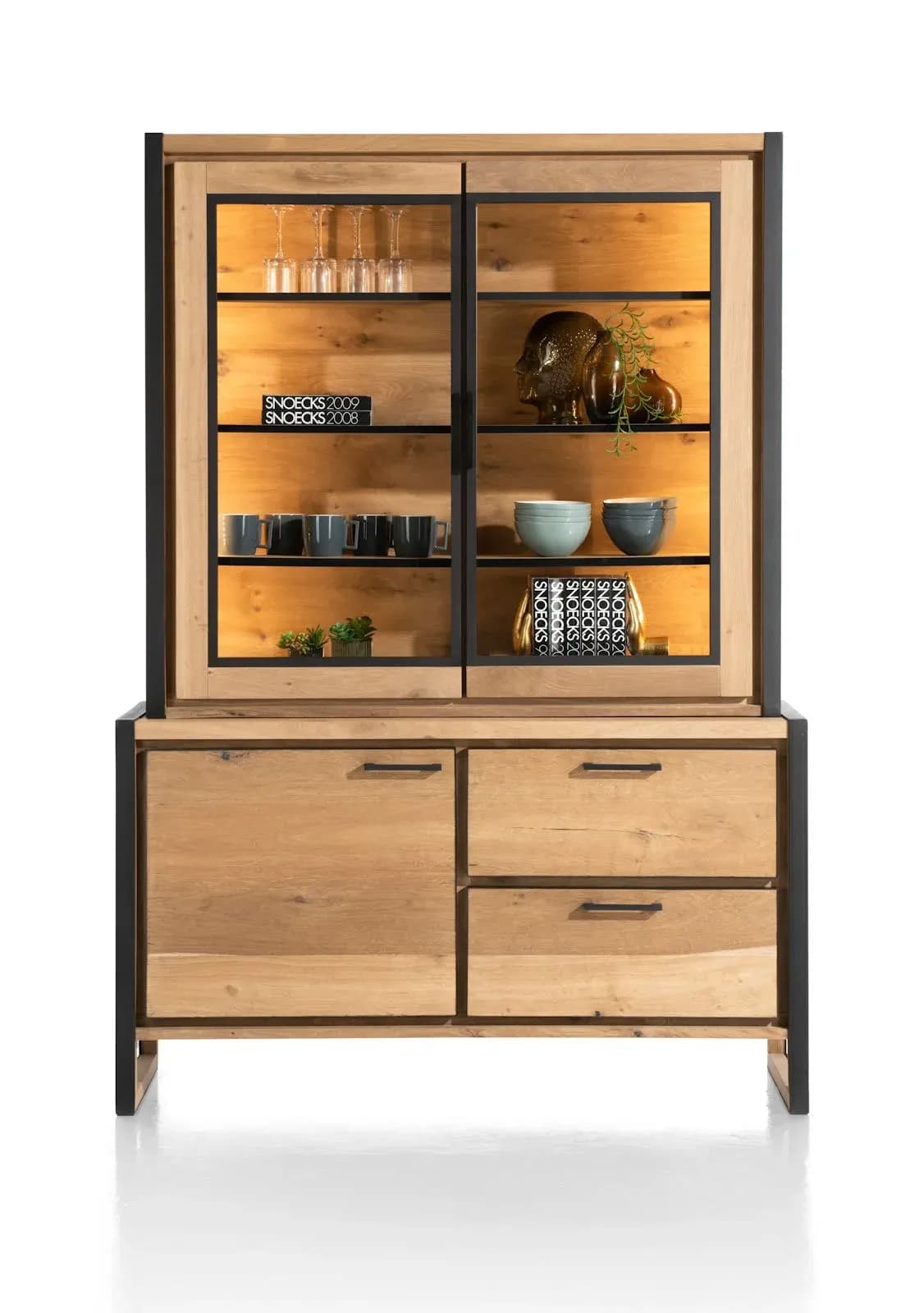 Metalo, Buffet 140 cm - 2-Glastüren (+ LED) + 1-Tuer + 2-Laden