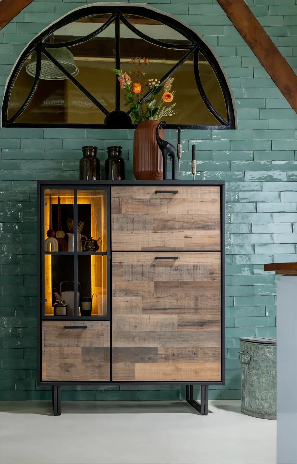 Avalon, Highboard 120 cm - 2-Türen + 1-Glastür + 1-Klappe (+ LED)