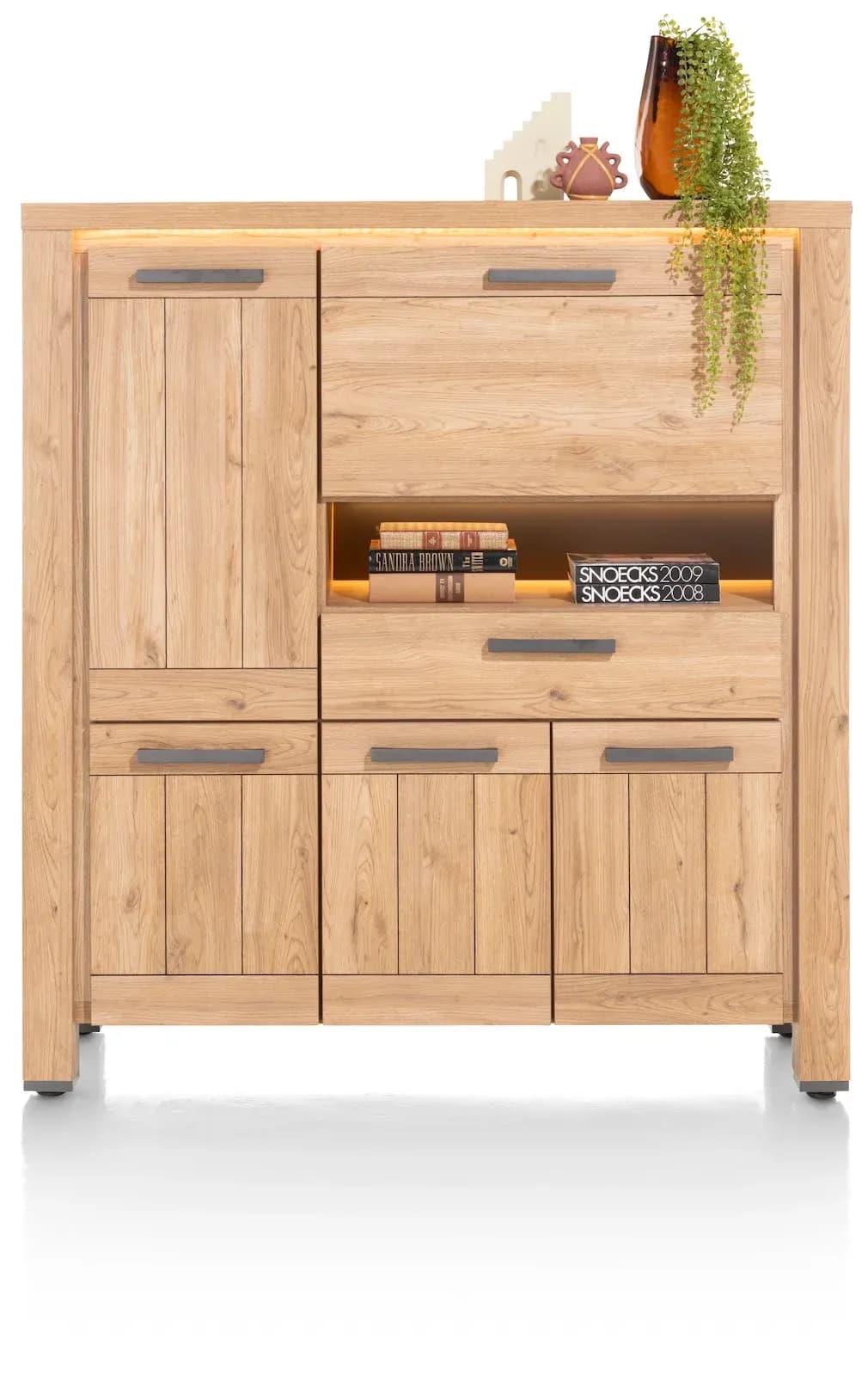 Delmonte, Highboard 130 cm - 4-Türen + 1-Lade + 1-Klappe + 1-Nische (dimmbare LED-Beleuchtung)