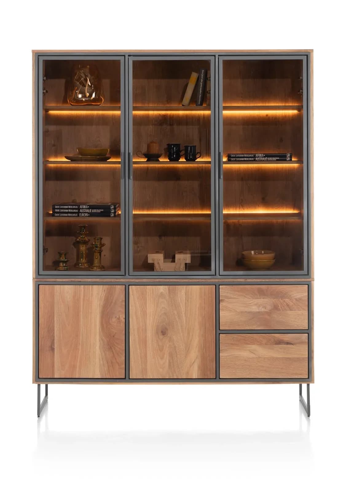 Trapani, Buffetschrank 160 cm - 3-Glastüren + 2-Türen + 2-Laden (+ LED)