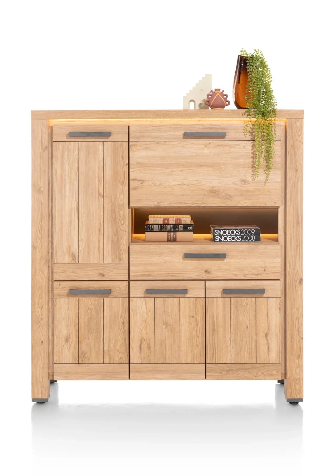 Delmonte, Highboard 130 cm - 4-Türen + 1-Lade + 1-Klappe + 1-Nische (dimmbare LED-Beleuchtung)