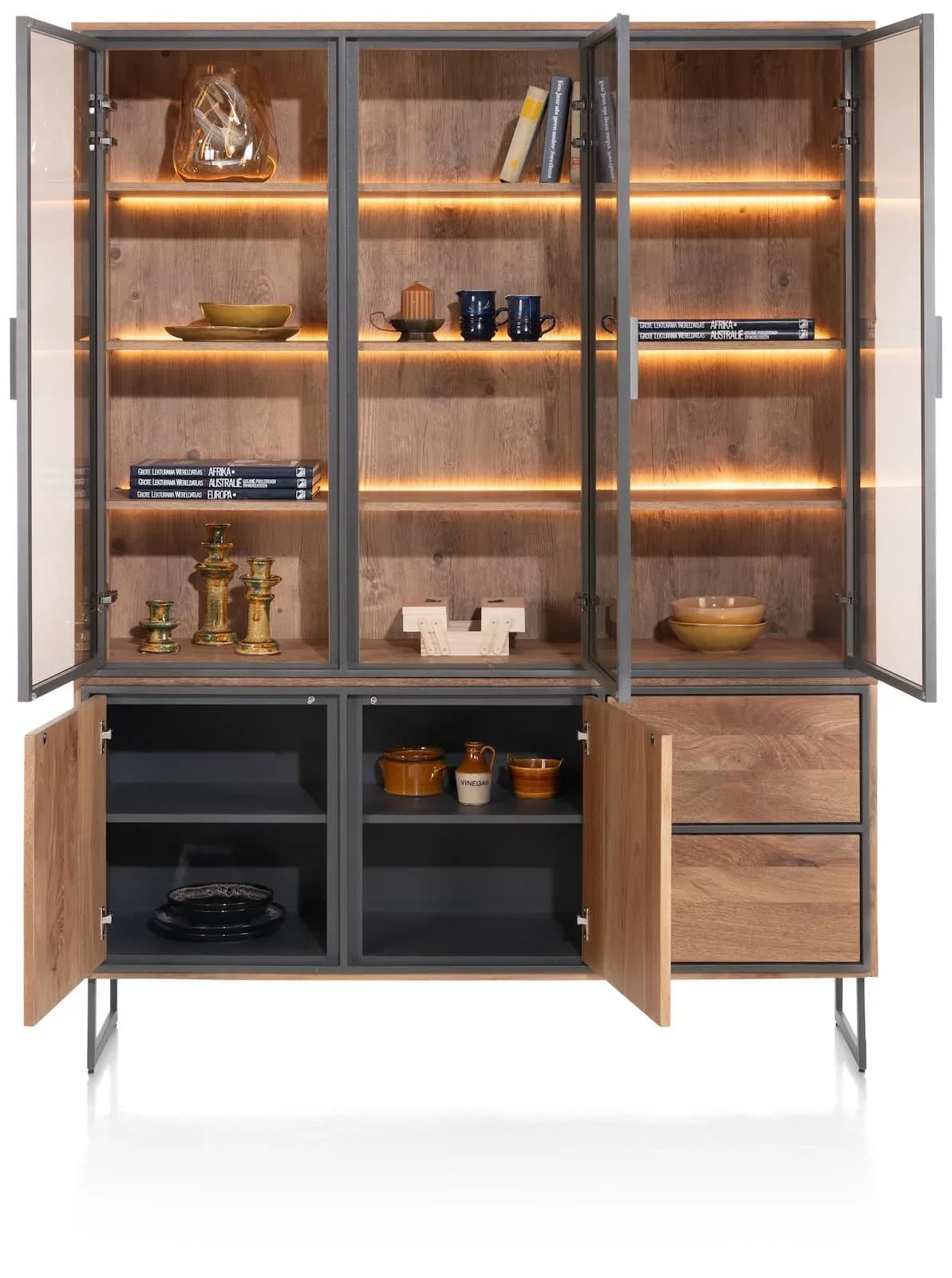 Trapani, Buffetschrank 160 cm - 3-Glastüren + 2-Türen + 2-Laden (+ LED)