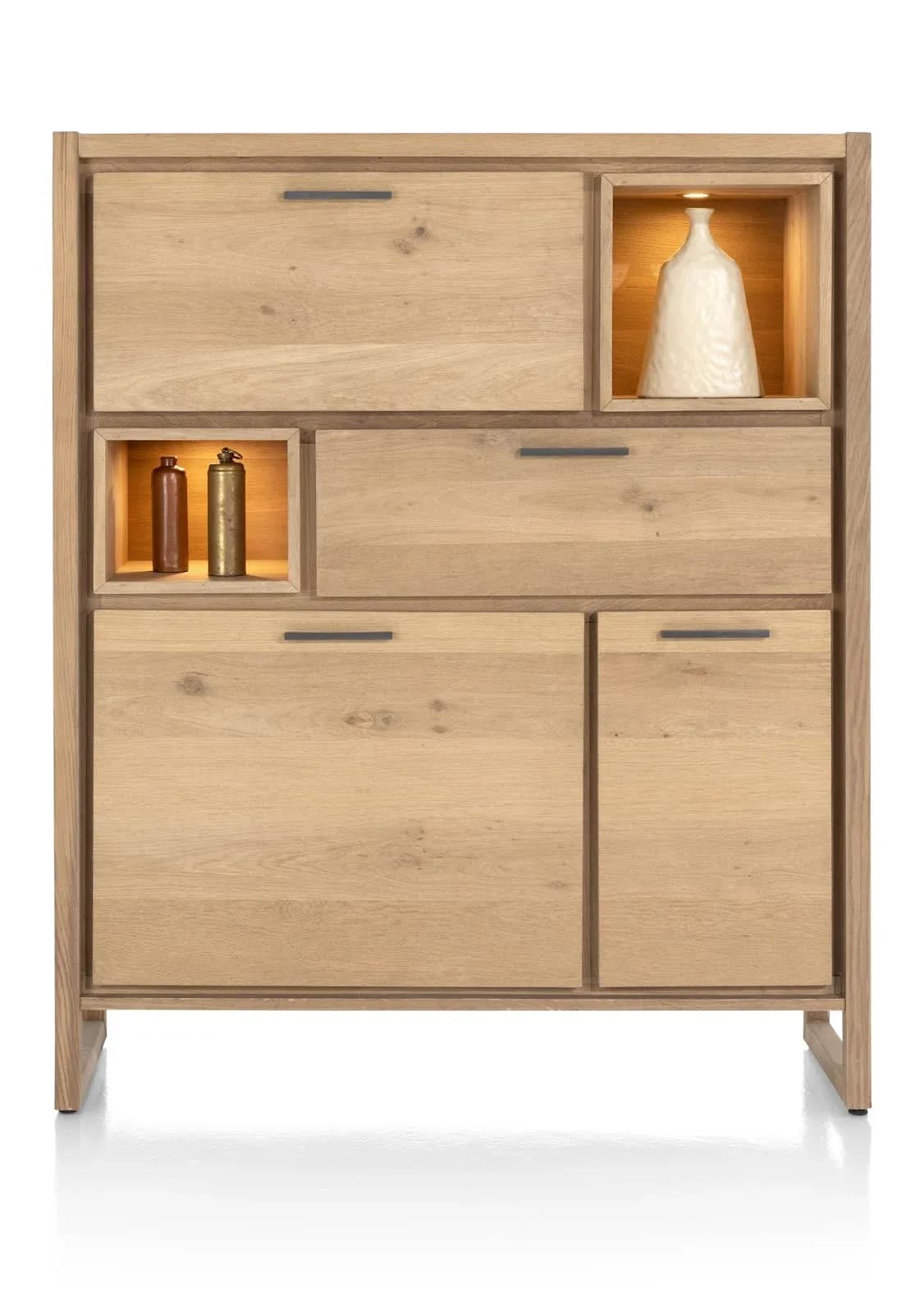 Nystead, Highboard 125 cm. - 2-Türen + 1-Lade + 1-Klappe + 2-Nischen (+LED)