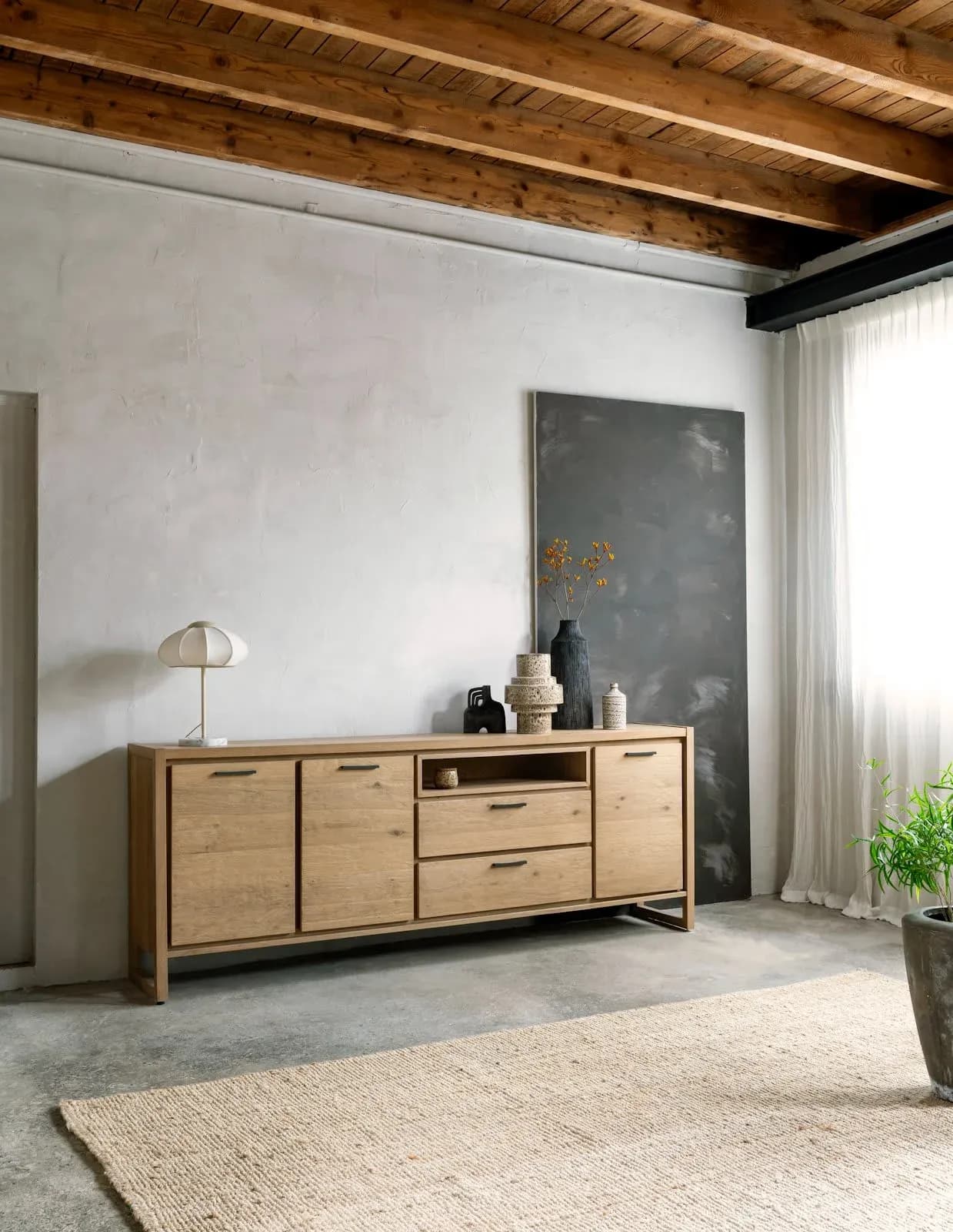 Nystead, Highboard 125 cm. - 2-Türen + 1-Lade + 1-Klappe + 2-Nischen (+LED)