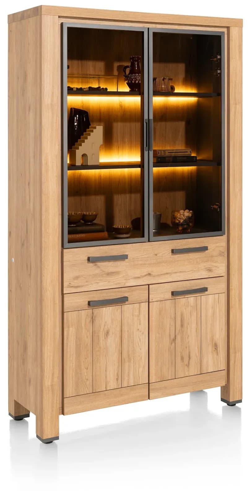Delmonte, Vitrine 110 cm - 2-Glastüren + 2-Türen + 1-Lade (+ LED)