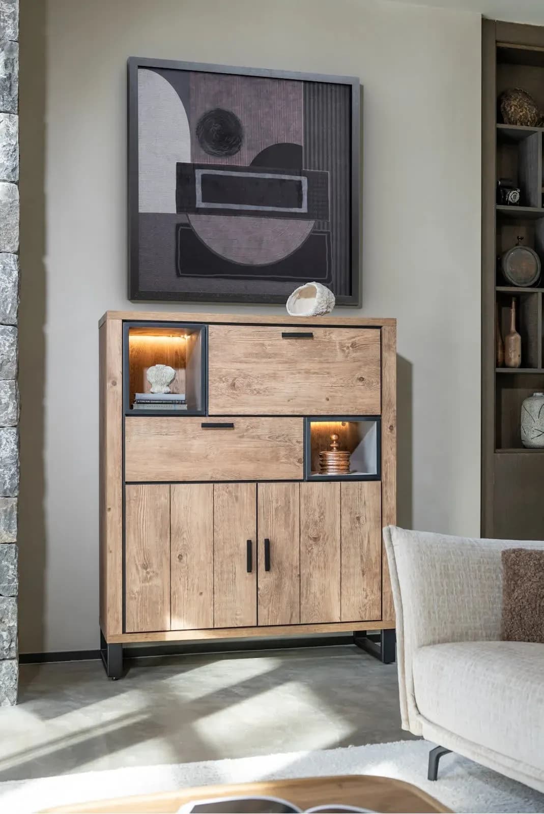 Pavarotti, Highboard 125 cm - 2-Türen + 1-Lade + 1-Klappe + 2-Nischen (+ LED)
