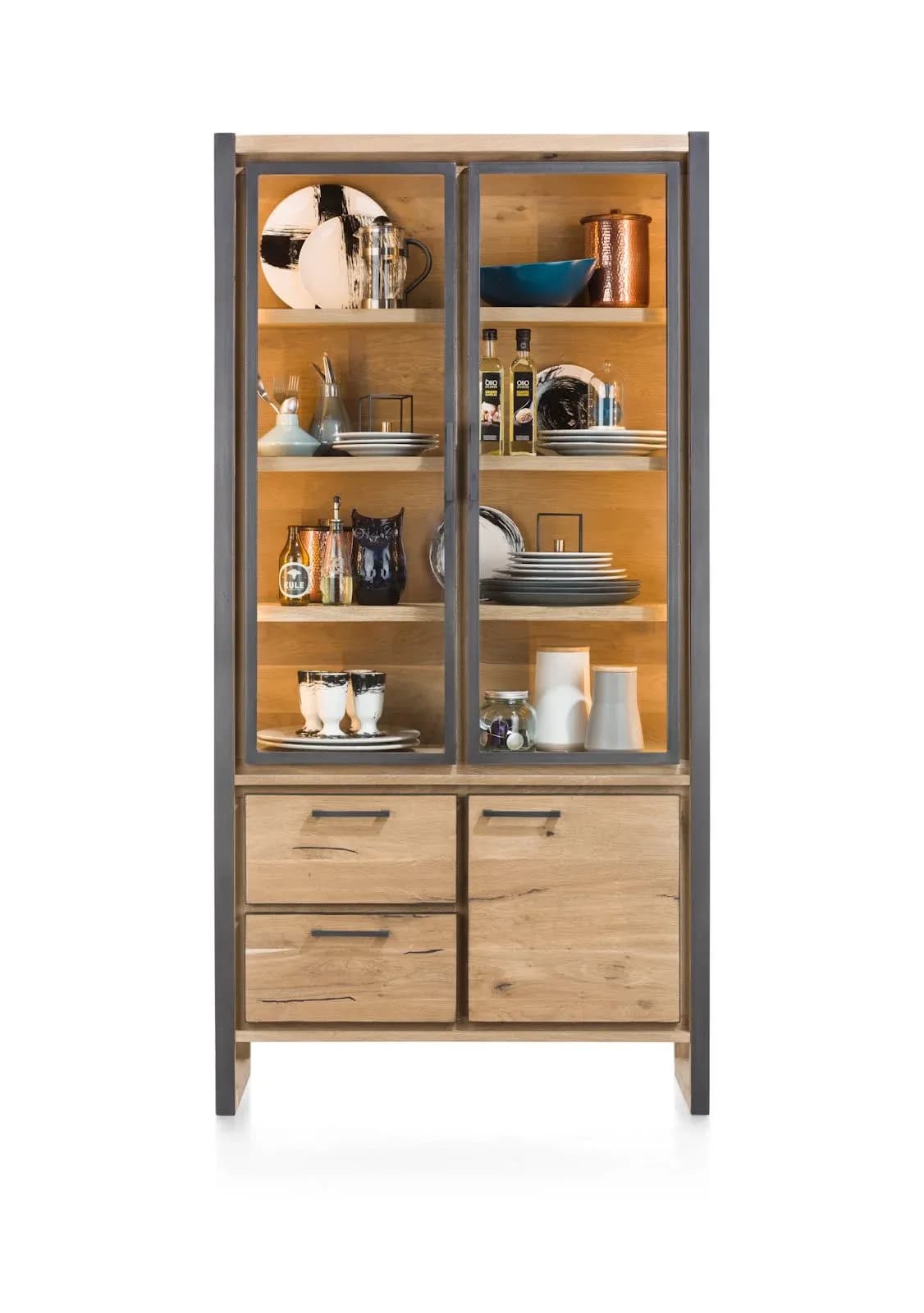 Metalo, Vitrine 2-Glastüren + 1-Tür + 2-Laden (+ LED)